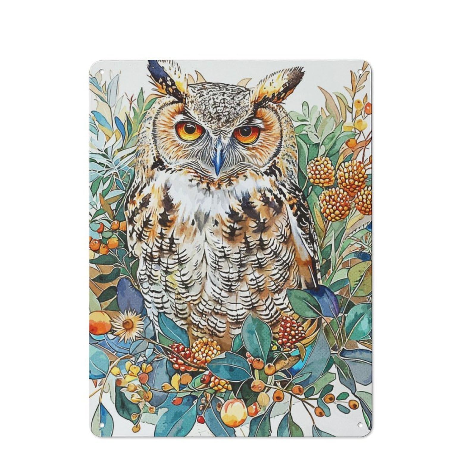 Junmoney Realistic Watercolor Owl Vintage Tin Wall Plaque 40X30cm For Café Or Restaurant, A Decorative Christmas Gift For Café Owners And Decorators
