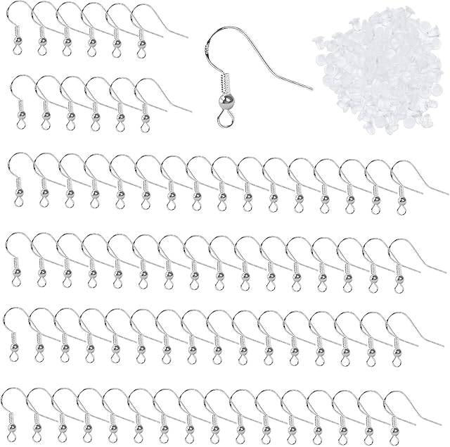 Earring Hooks, 80 pcs Ear Wires Fish Hook Earring French Wire Hooks 925 Sterling Silver with 100 pcs Clear Rubber Earring Backs for DIY Jewellery Making (Earring Cloth Bonus