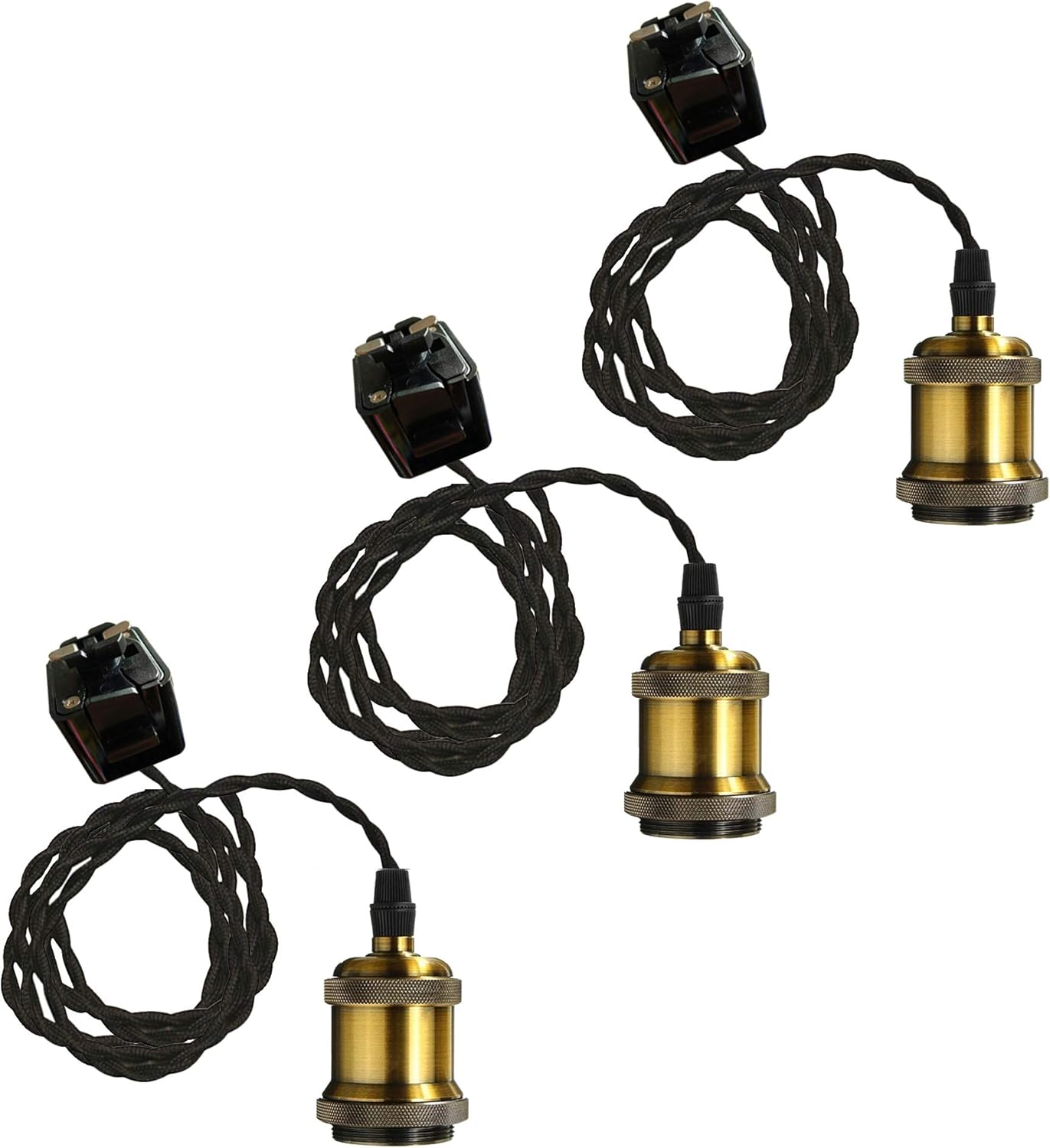 J-Type Track Pendant Light Black Weave Rope Cord Gold Bronze Iron Socket Retro Style Mini Lighting Industrial Factory Heads Pendant Lighting Customizable DIY Project,1.6ft,3-Pack