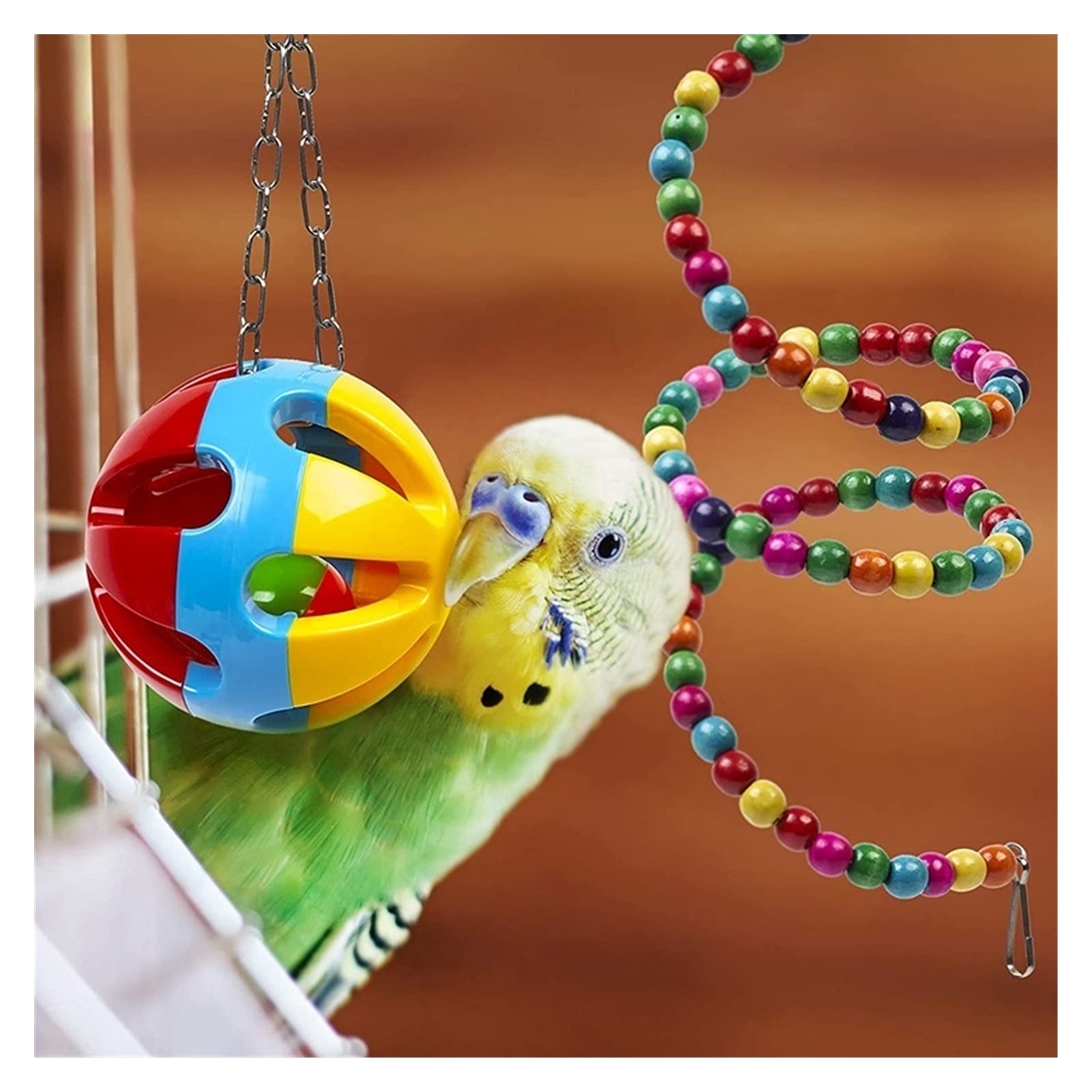 Pájaro Juguetes 10 Pack Jaula de Pájaros Juguetes para loros Fiable y masticable - Swing Hanging Kau Mordedura Puente de Madera Perlas Bola Campana Juguete