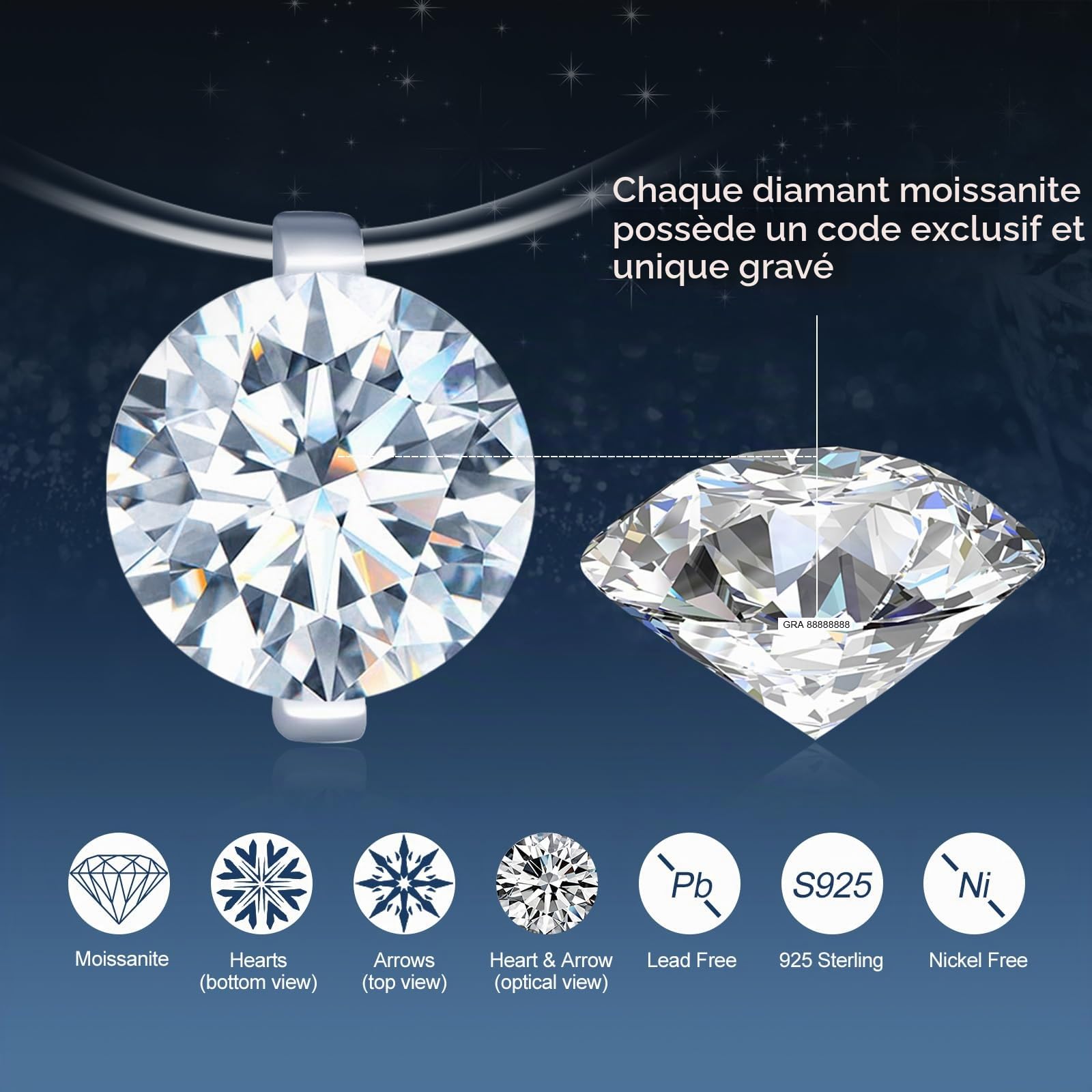 Collier pendentif de diamant pour femme: ras-du-cou en argent 925 avec chaîne transparent 2 carats moissanite de couleur D clarté VVS1 8mm solitaire avec certificat GRA bijoux mariage