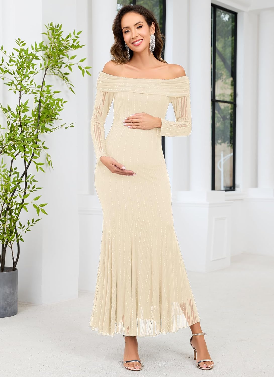 CYCLAMEN Sparkly Maternity Dress for Baby Shower Off The Shoulder Long Sleeve Mermaid Pregnancy Gown with Flowy Tail Hem