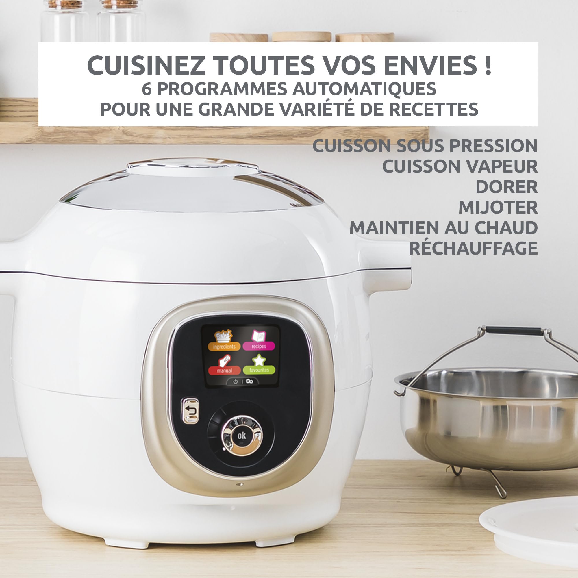 Moulinex Cookeo Multicuiseur intelligent, Capacité 6 L, Haute pression, Ecran intuitif, Guide de cuisson pas à pas, Couvercle de conservation, Application dédiée, 150 recettes, Blanc CE85CA10
