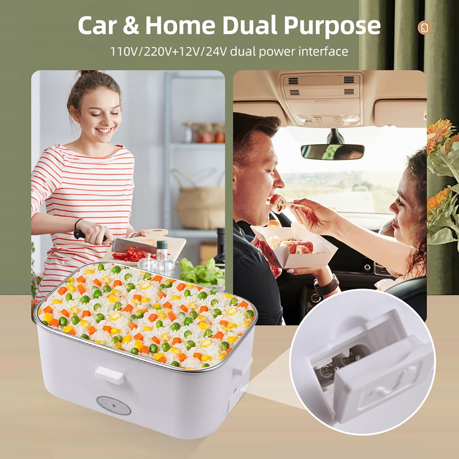 Ejoyous Lunch Box Elettrico, Lunch Box Termico Scaldavivande da 60 W 110/220 V + Interfaccia Doppia Alimentazione 12 V/24 V Fodera in Acciaio Inossidabile da 1,8 L (Spina europea)