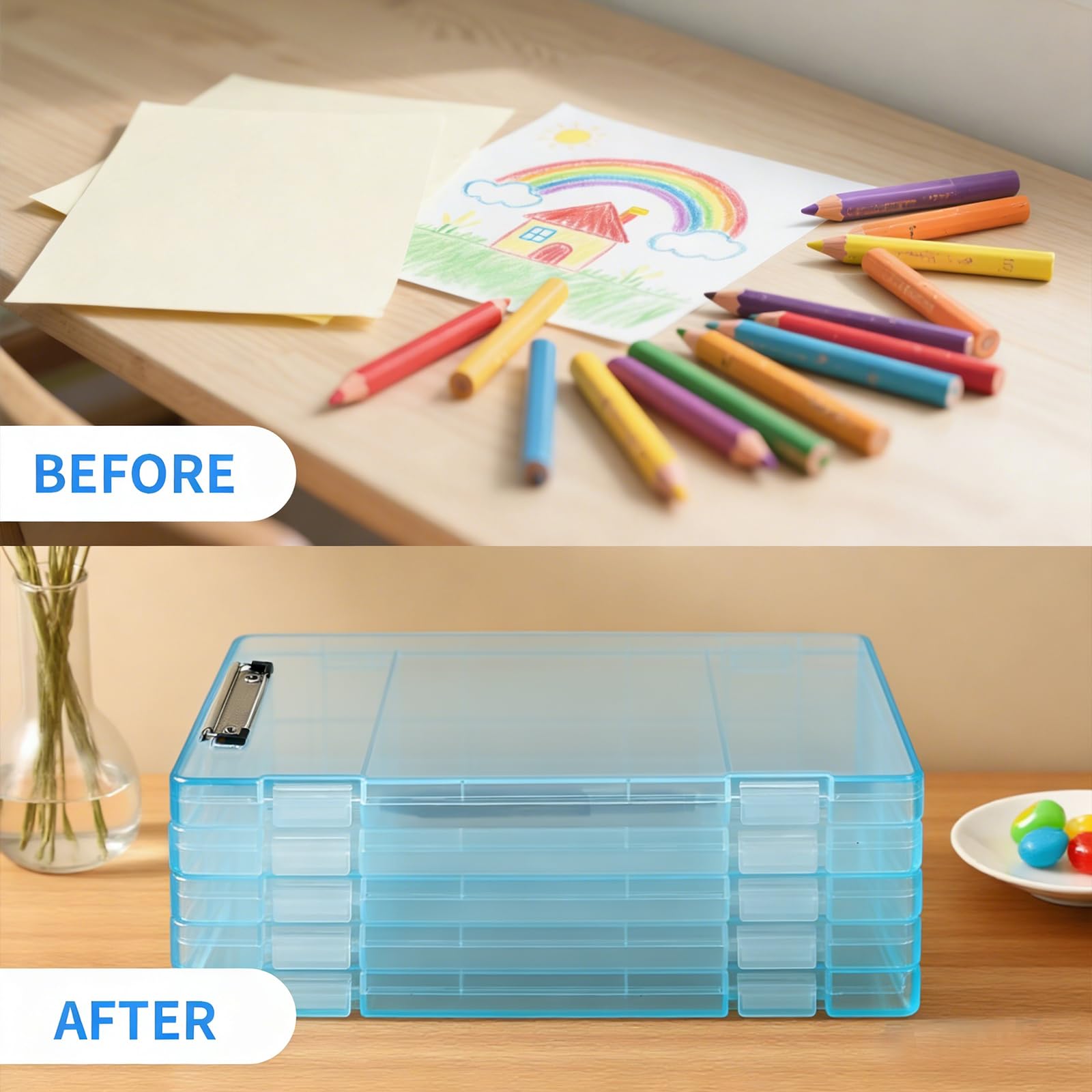 Portablocco con contenitore, portablocco in plastica blu trasparente con apertura laterale, impermeabile, pieghevole, resistente, per scuola e ufficio, formato lettera, formato A4, con adesivi