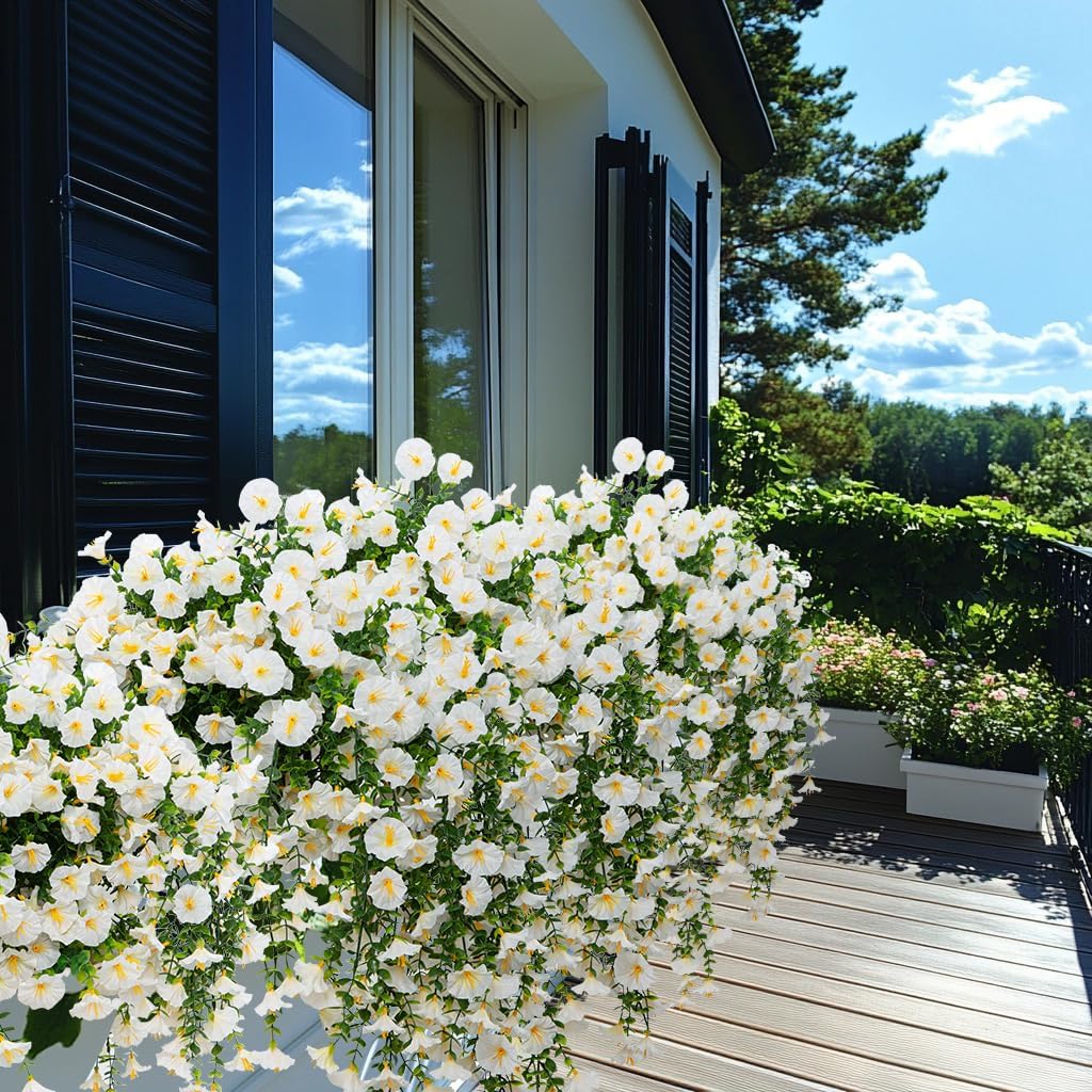 2Pcs Outdoor Faux Hanging Flowers Artificial Morning Glory with Eucalyptus Leaves UV Resistant Look Real Fake Plants for Outside Planter Porch Patio Balcony Yard Decor(White) - Image 2