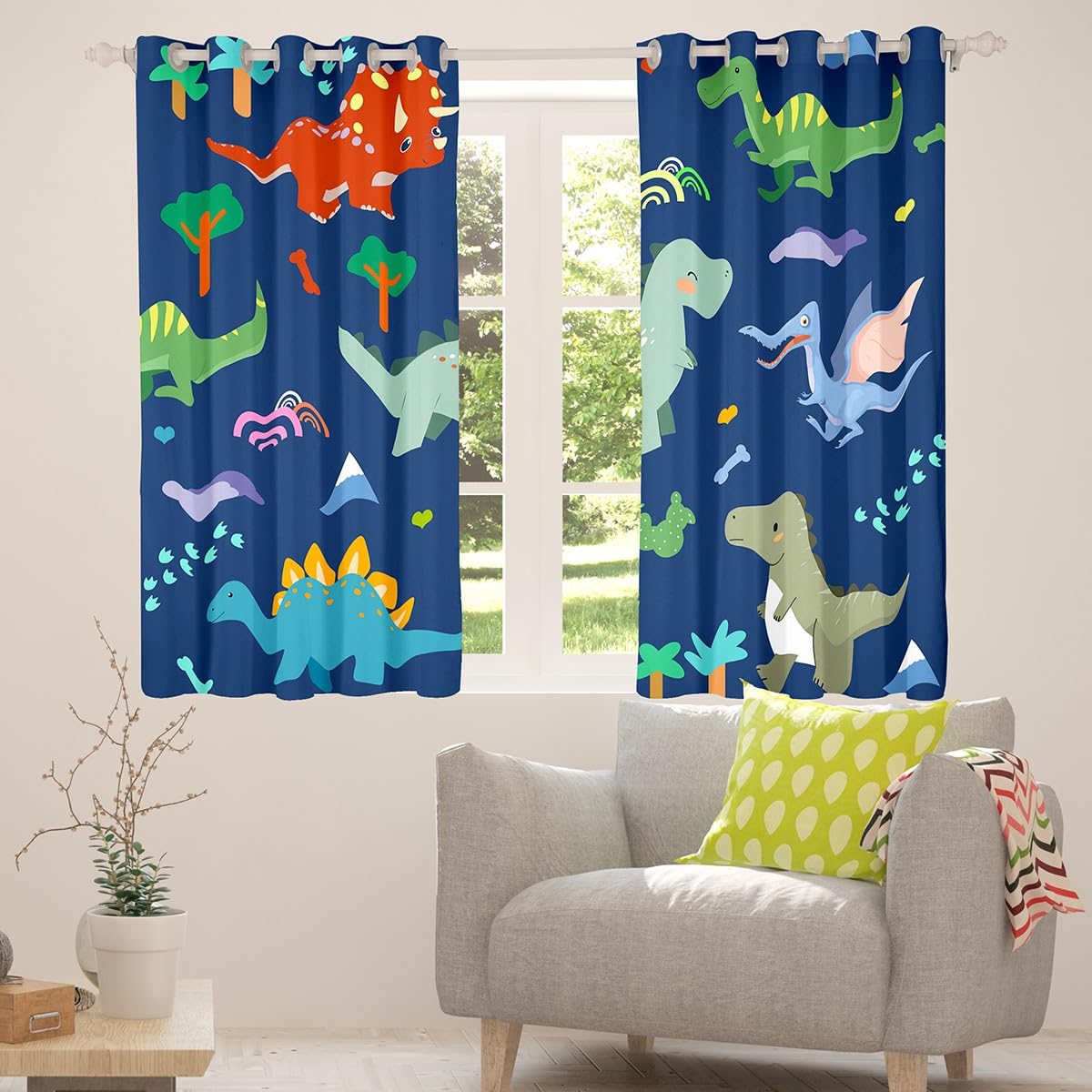 Homewish Rideau Occultant 117x137 cm Cartoon,Rideau Dinosaures,Rideaux Voilage Enfants Garçons Filles Os d'arbre Empreintes de Pieds Ptérosaure Arc-en-Ciel Triceratops Mignon Dinosaure pour Chambre