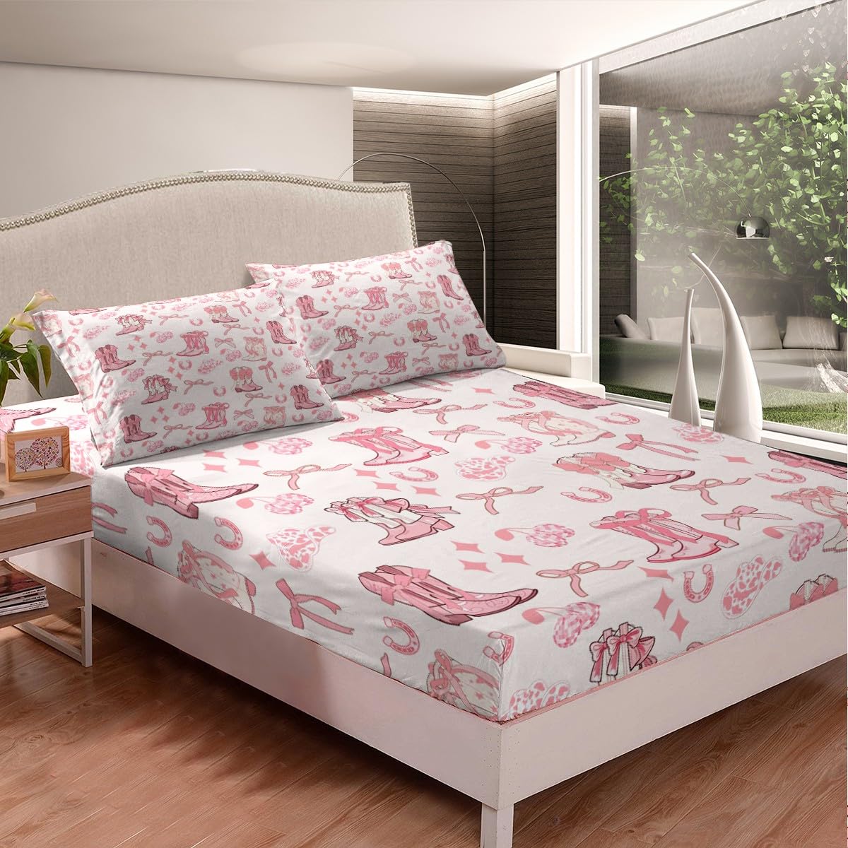 Western Cowgirl Bedding Set Twin Size Tribal Boots Caps Horseshoe Bed Set for Teens Kids Sheet Pink Bowknot Disco Cherry Princess Style Starry Pink Bed Cover(1 Fitted Sheet+1 Pillow Case)