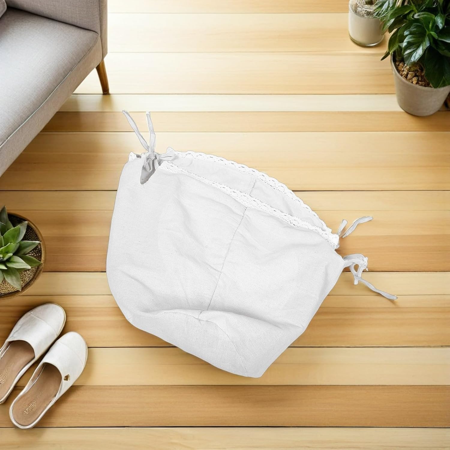Laundry Basket Liner Replacement with Decorative Appeal and Easy Cleaning White Fabric Round Cloth Insert Country Style Cover for Wicker Hampers for Home and Holiday Gatherings