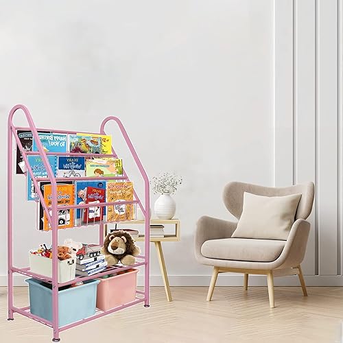 Miniatura 7 de aboxoo Estantería para niños independiente de esquina, estantería de metal de 5 niveles, rosa de 25 pulgadas para almacenamiento en habitación de