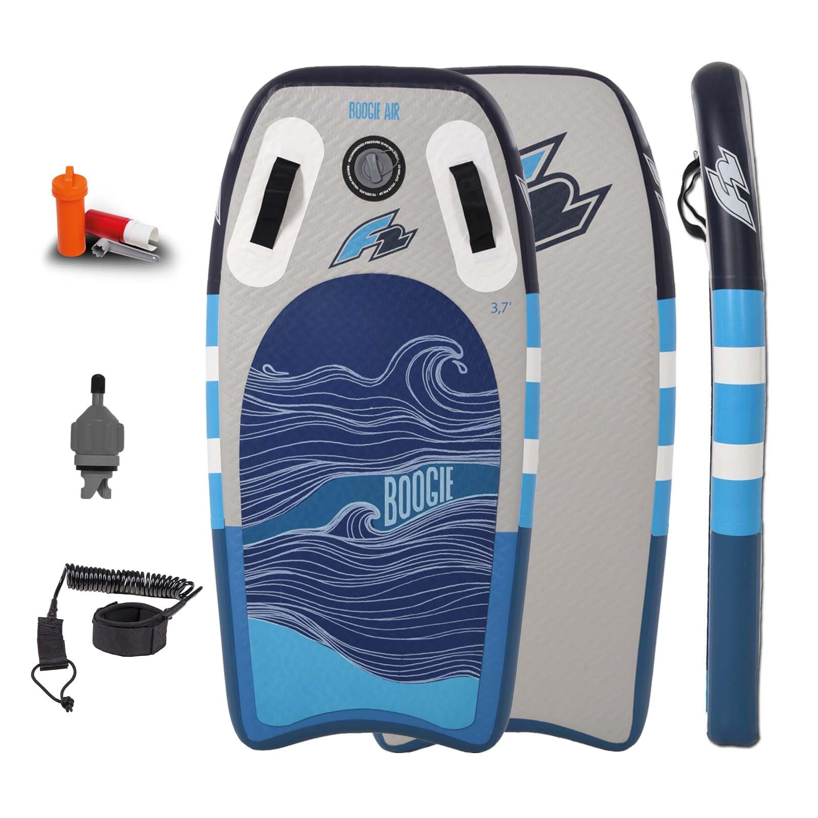 F2 Inflatable Body Board aufblasbares Boogie Board Air 3,7 Blau für Kinder und Erwachsene Skimboard Wellenboard Neues Modell