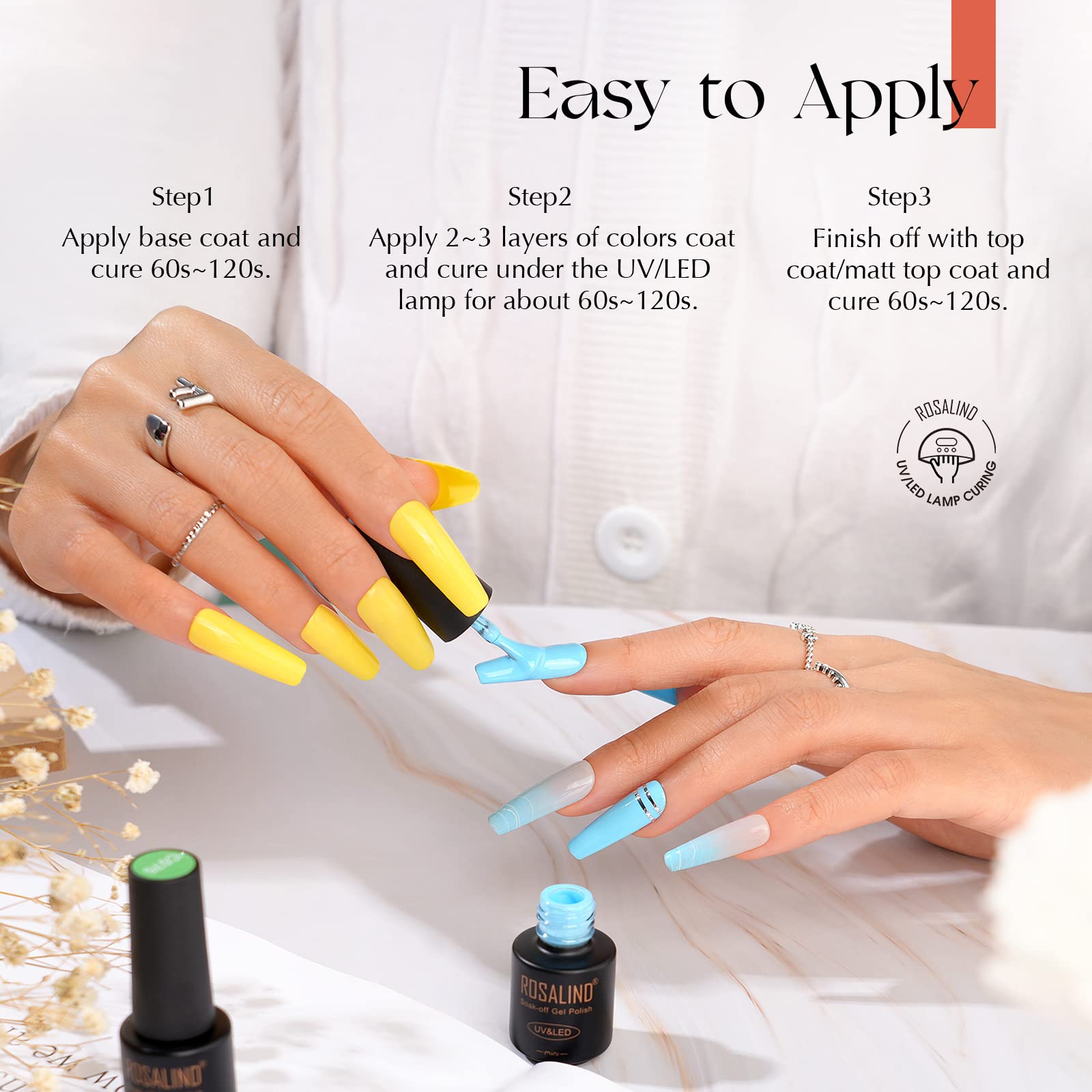 ROSALIND Vernis Semi Permanent 38 Pcs, 35 Couleurs + 1 Base ＋1 Top Coat Brillant ＋1 Top Coat Matte, Lot Vernis Gel Semi Permanent Rose Noir Blanc UV LED Vernis à Ongles Gels