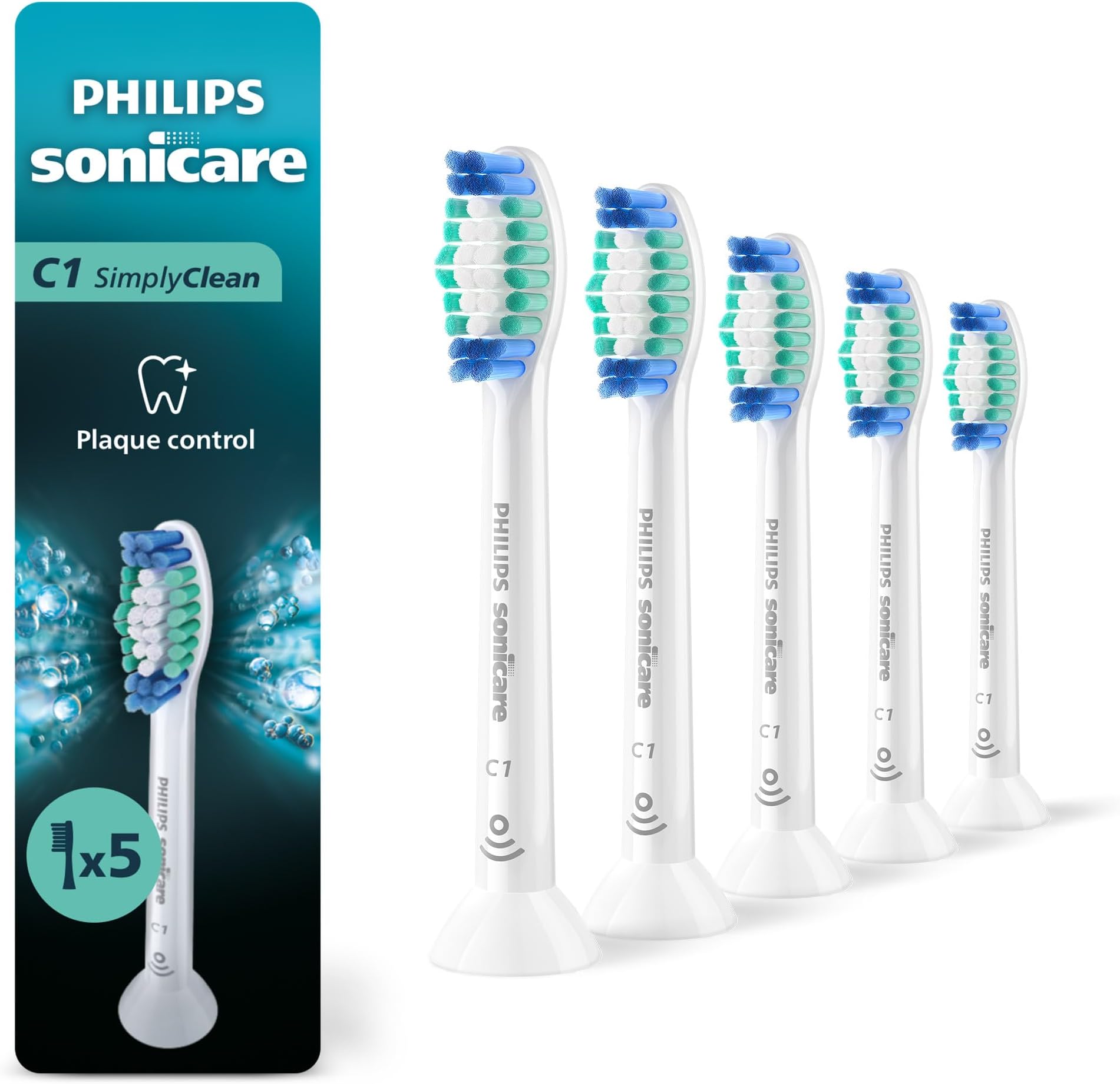SONICARE Genuine Philips Simply Clean Replacement Toothbrush Heads, 5 Pack, HX6015/03