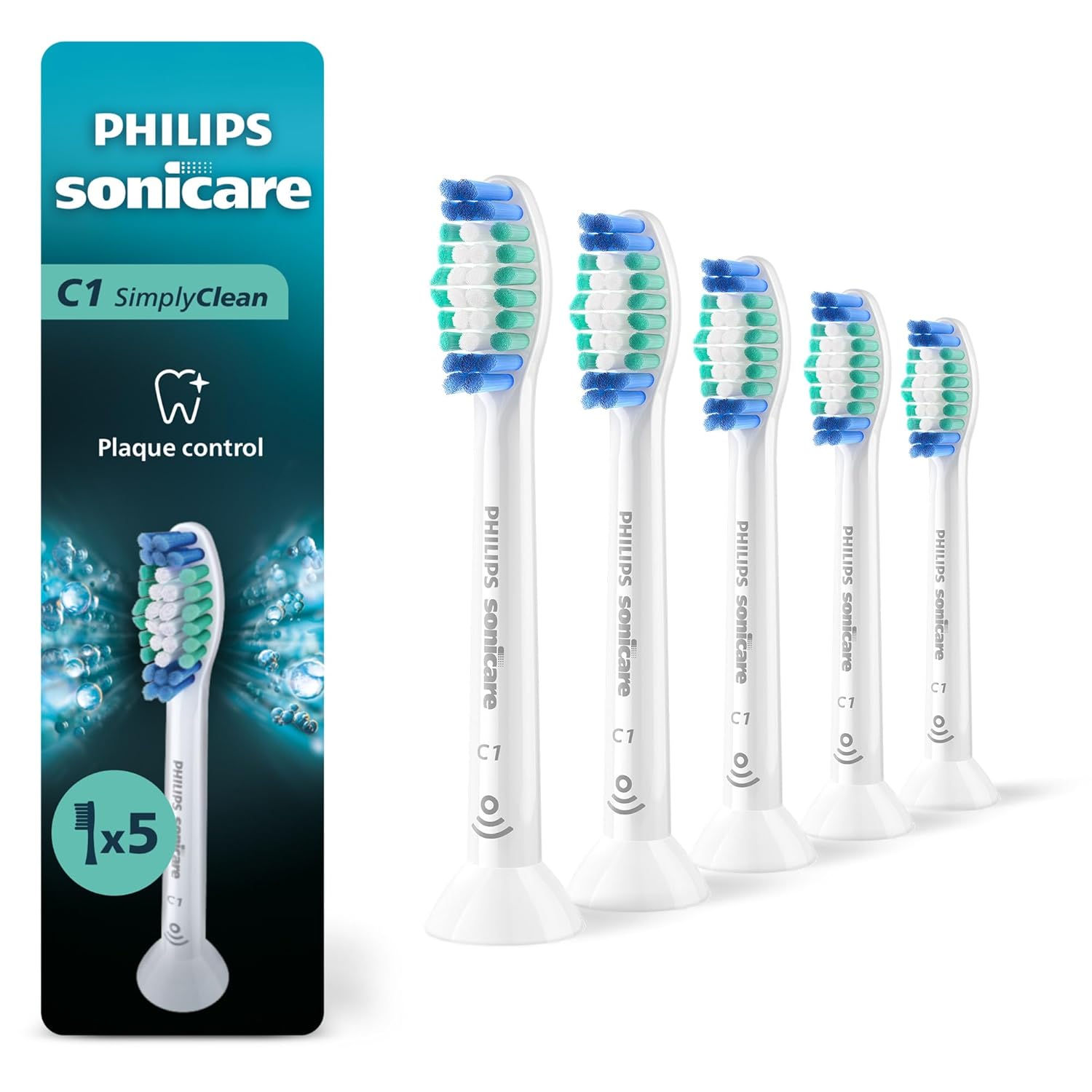 Philips Sonicare Genuine SimplyClean Replacement Toothbrush Heads, 5 Brush Heads, White, HX6015/03