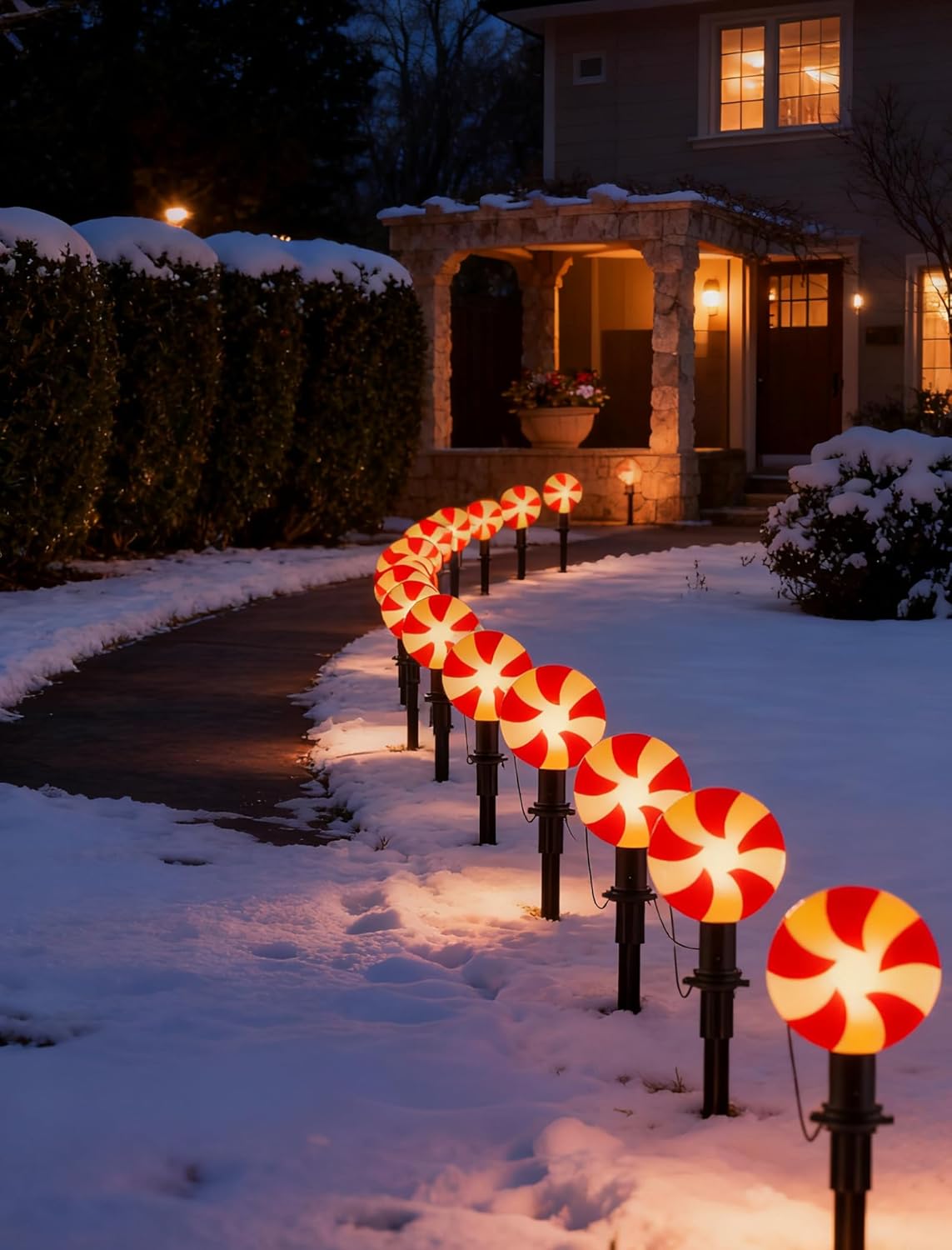 C9 LED Christmas Lollipop Peppermint Pathway Lights Outdoor, 7Ft 4 Candy Cane Bulbs Stakes Lights, Connectable Colorful Marker Walkway Lights for Yard Patio Sidewalk Driveway Garden Lawn Decor