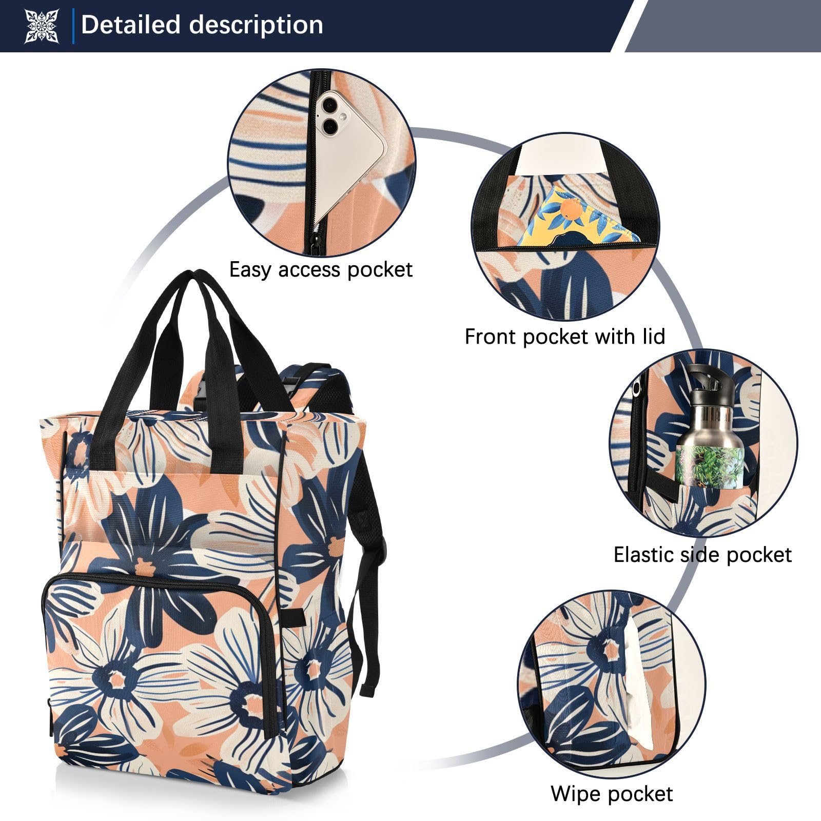 Borsa per pannolini per la mamma con fiori color pesca e blu navy