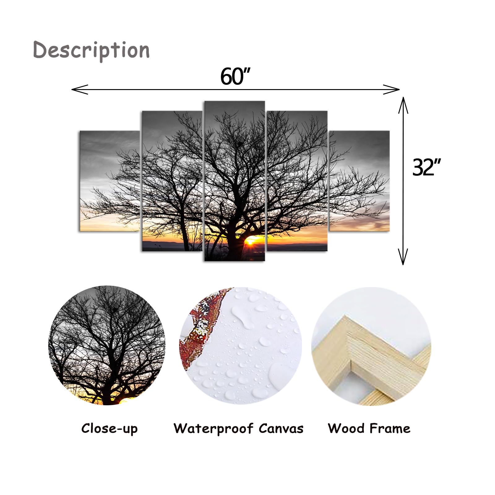Artmyharbor Großer 5-teiliger schwarz-weißer Leinwanddruck Baum Wandkunst Gold Sonnenaufgang Bilder Gemälde Natur Landschaft Kunstwerk Zuhause Bauernhaus Wohnzimmer Schlafzimmer Büro Wanddekoration