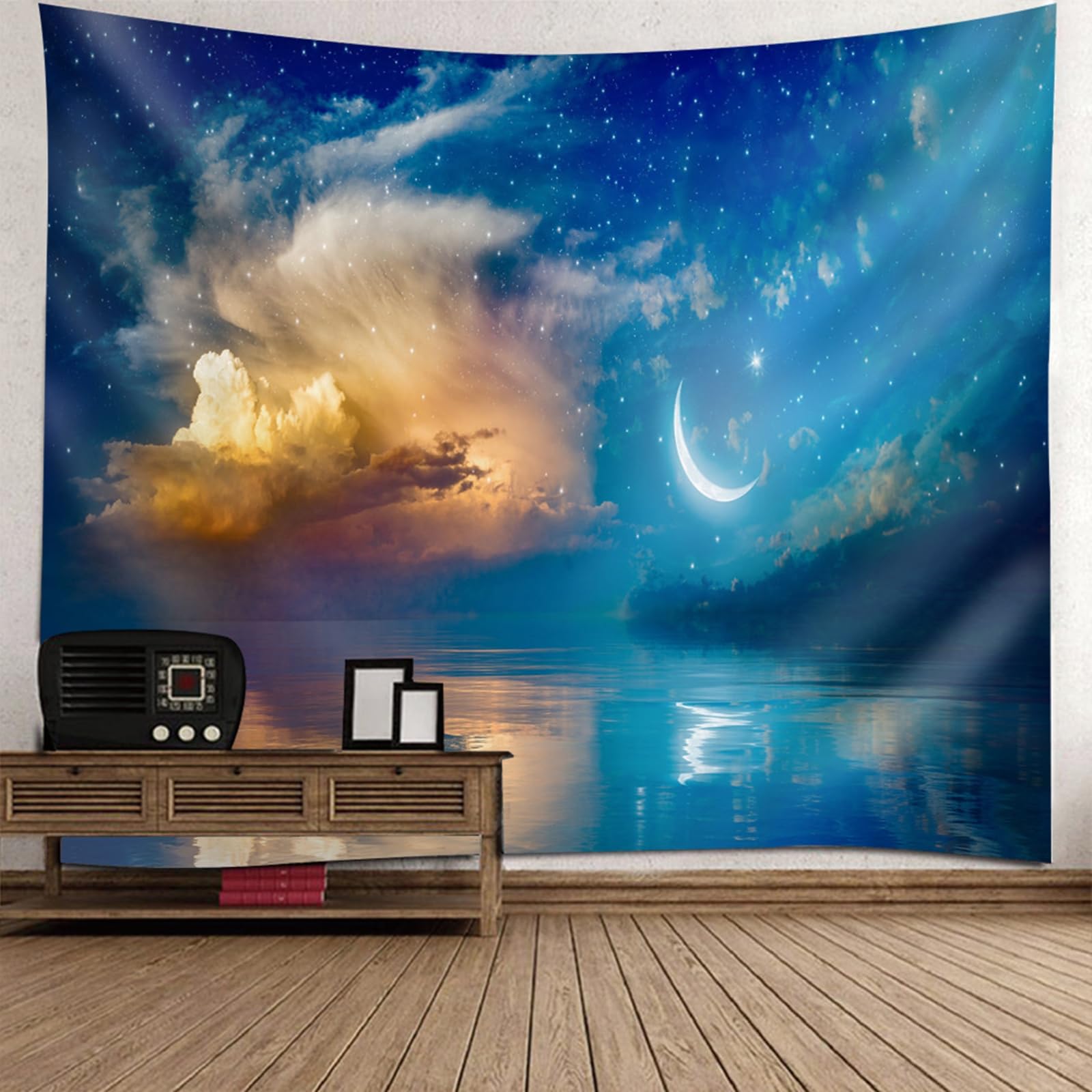 Tapisserie motif lune ciel étoilé drapé mural féerique marine 210x140