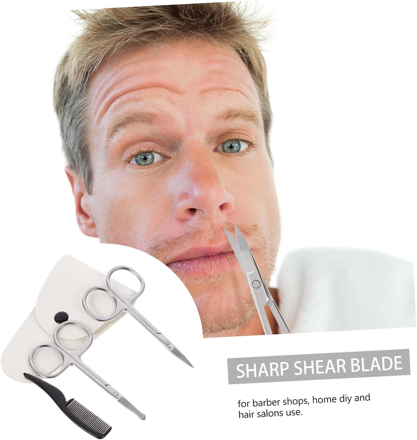 Didiseaon 4pcs Stainless Steel Beard Scissors Set Precision Trimming Scissors Nose Hair Trimmer and White Leather Comb for Home and Barber Shop Grooming