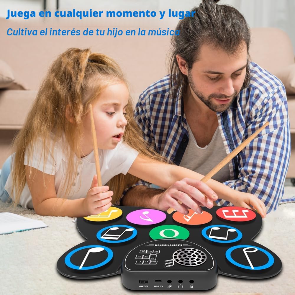 BATERIA ELECTRONICA - BATERIA INFANTIL y ADULTO. Ideal para NIÑOS y principiantes. Con 9 pads, 7 timbres distintos, 10 pistas de demostración y 9 rítmicos. El regalo ideal para Navidad