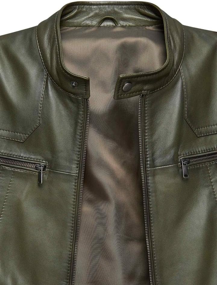 Premium Men's Olive Green Leather Motorcycle Jacket, Classic Biker Style with Multiple Zippers, Stand Collar (US, Alpha, X-Large, Regular, Regular) - Image 3