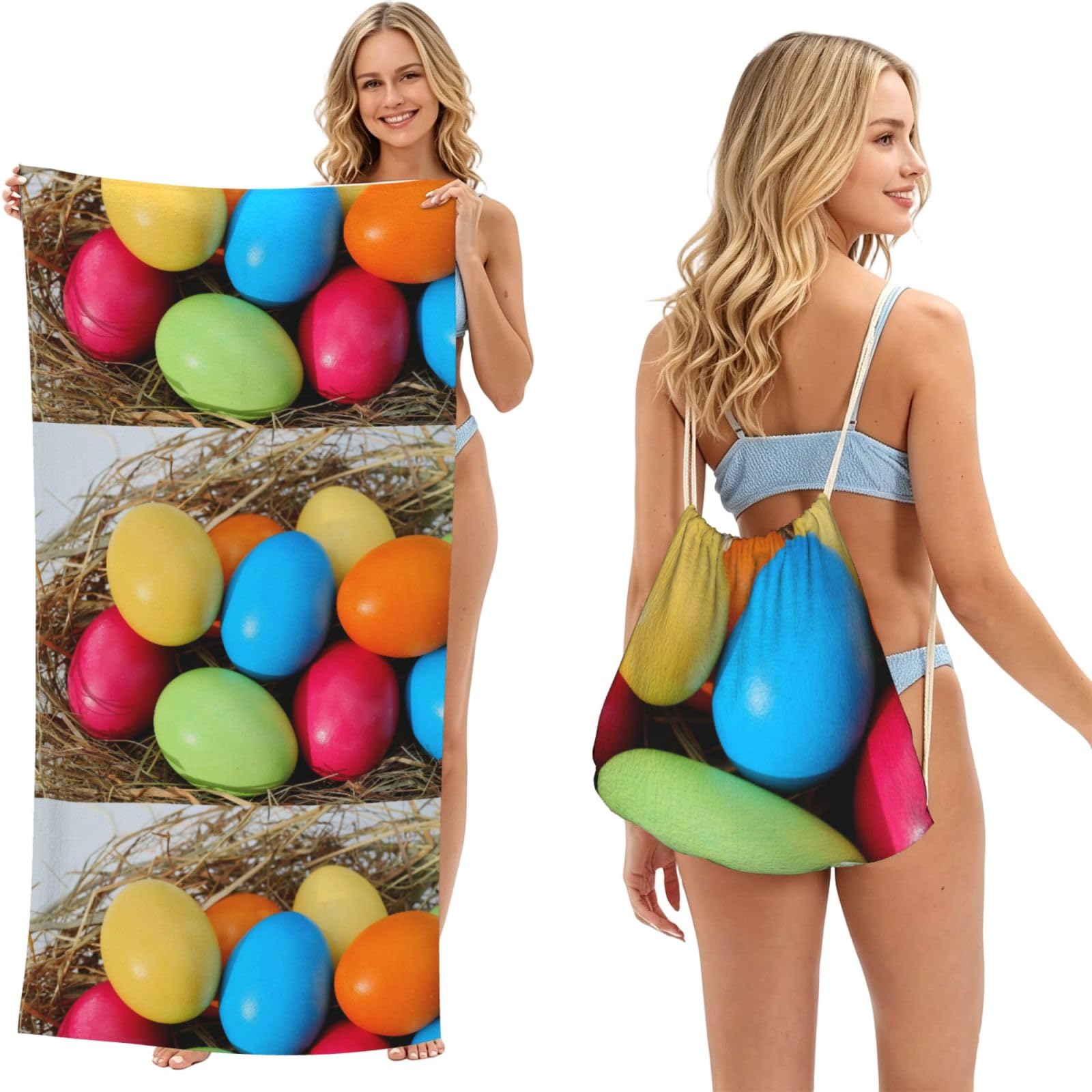 Poadnly As Picture Easter Egg Colorful Modern, 2 In 1 Packable Towel Bag, Beach Towels With Drawstring Backpack For Travel Holiday Camping