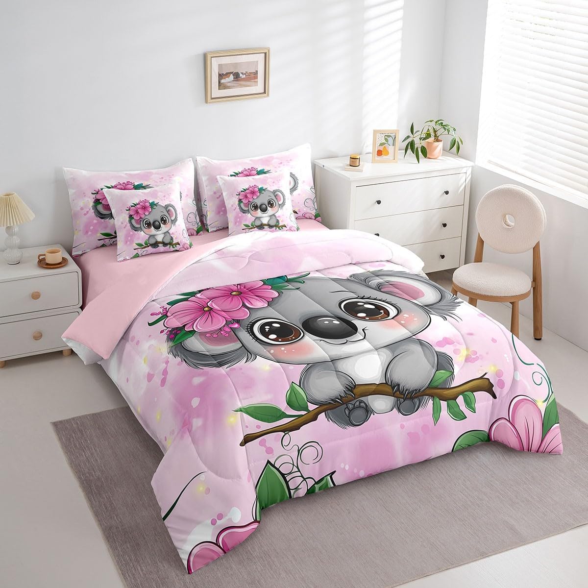 Erosebridal Cartoon Koala 7 Piece Comforter Set Full Size,Cute Koala Bedding Set,Cherry Blossom Rose Bed in a Bag for Kids Baby Toddler Nursery Sheets,Butterfly Branch Leaves Quilt Duvet,Pink Grey