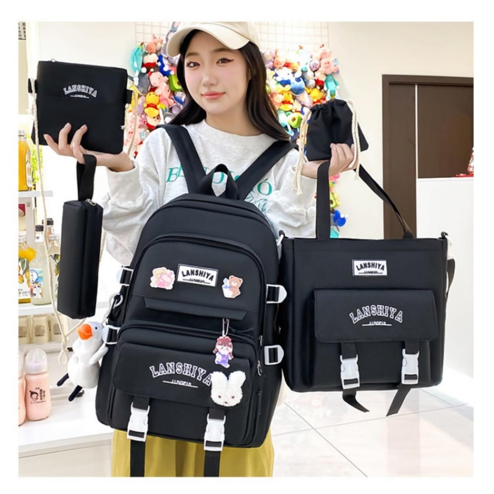 Mochila escolar Set Di Zaino Per Studenti A 5 Pezzi Con Ciondoli Gratuiti, Kit Pratico Borse Scolastiche Ragazze Della Scuola Superiore Uso Giornaliero Del Campus-c-china Mainland