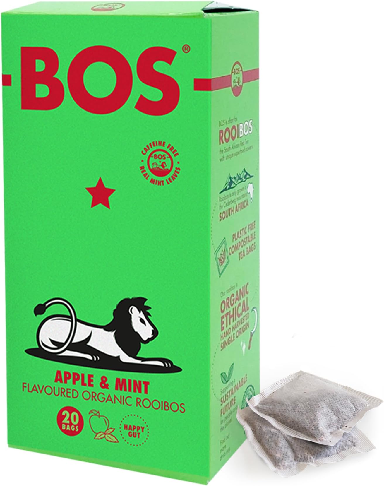 BOS Organic Apple Flavoured With Mint Leaves Caffeine Free Rooibos Carton, Refreshing & Unique 50 g, 20 Teabags (Pack of 1)