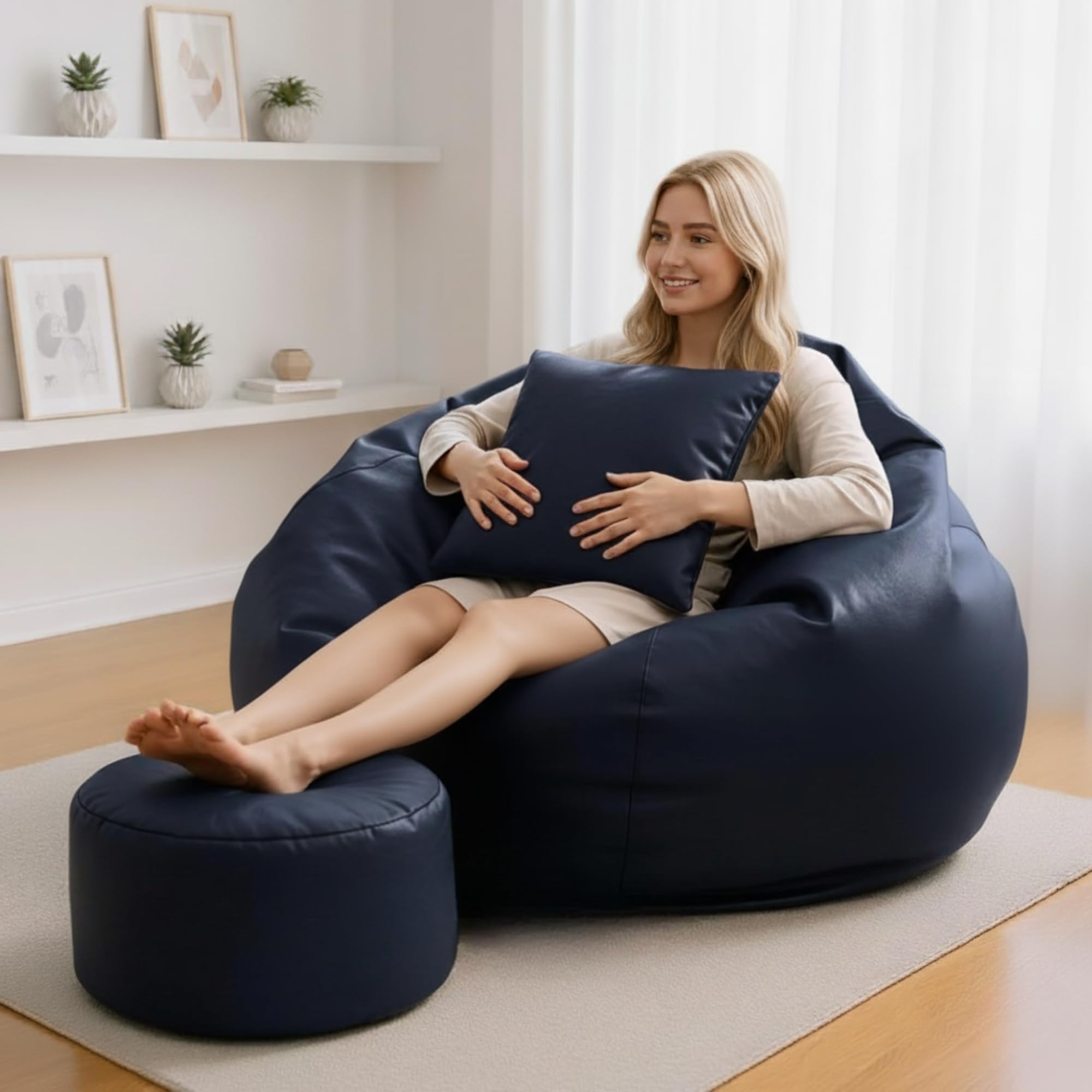 Biggie Bean Bag 7XL Bean Bag Chair with Beans Filled - The Classics Bean Bag Sofa - Combo Set-Styled for Elegance with Free Cushion & Footrest (Matching Color : Yzilo Indigo)