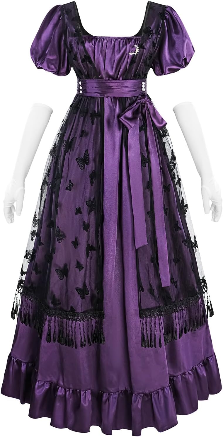 LTAKK Regency Dress Women Regency Costume Empire Waist Tea Party Victorian Gown with Gloves