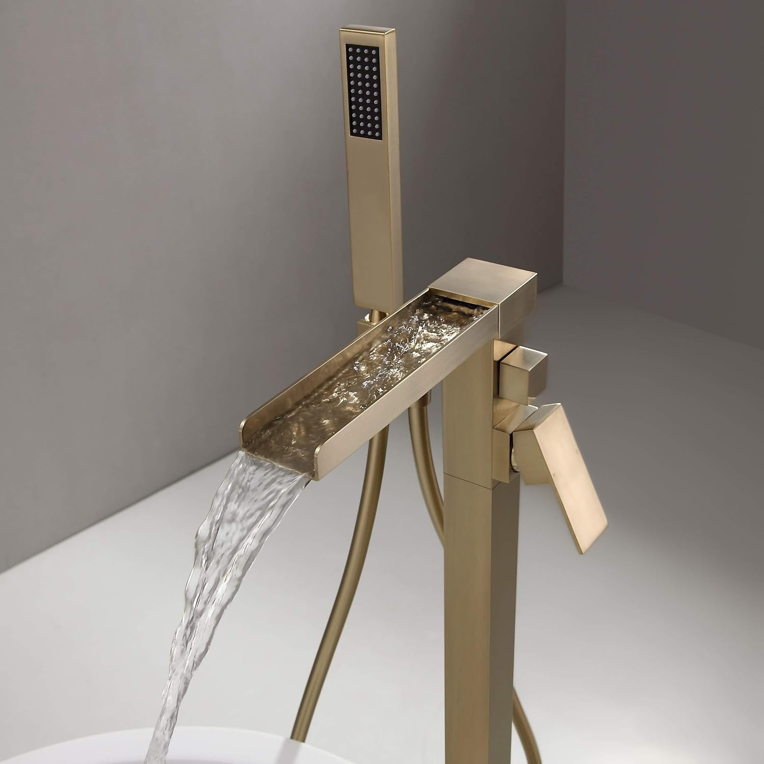 🛒 Flаѕh Sаlе JiaYouJia Waterfall Freestanding Bathtub Faucet Brushed Gold Floor Mount Tub Filler Solid Brass Single Handle Bathroom Faucet with Hand Shower Buу 1 gеt 1 JiaYouJia Waterfall Freestanding Bathtub Faucet Brushed Gold Floor Mount Tub Filler Solid Brass Single Handle Bathroom Faucet with Hand Shower