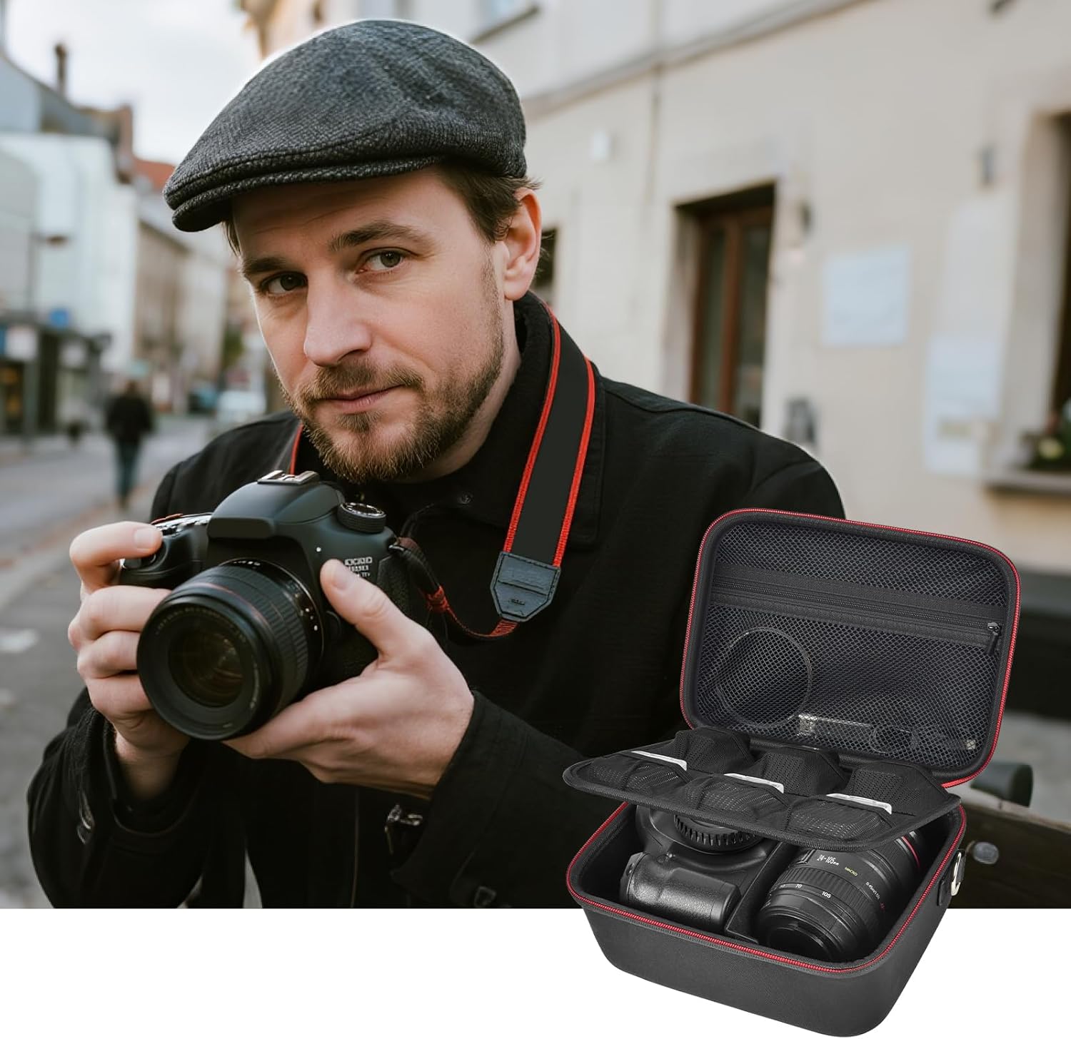 Comecase Hard Camera Case for Canon EOS Rebel T7 R50 R100 R10 R5 R6 R8 Mark II, DSLR Mirrorless Camera Bag with 6 Slots &Adjustable Divider for Lens and Accessories, Travel Storage, Black+Red Zipper - Image 9