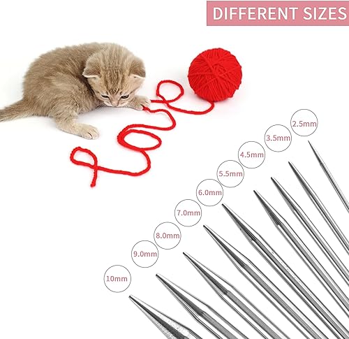 Miniatura 3 de Juego de 9 agujas de tejer circulares de acero inoxidable de 0.098-0.394 in de diámetro, doble punta de metal, agujas de tejer para hacer suéter,