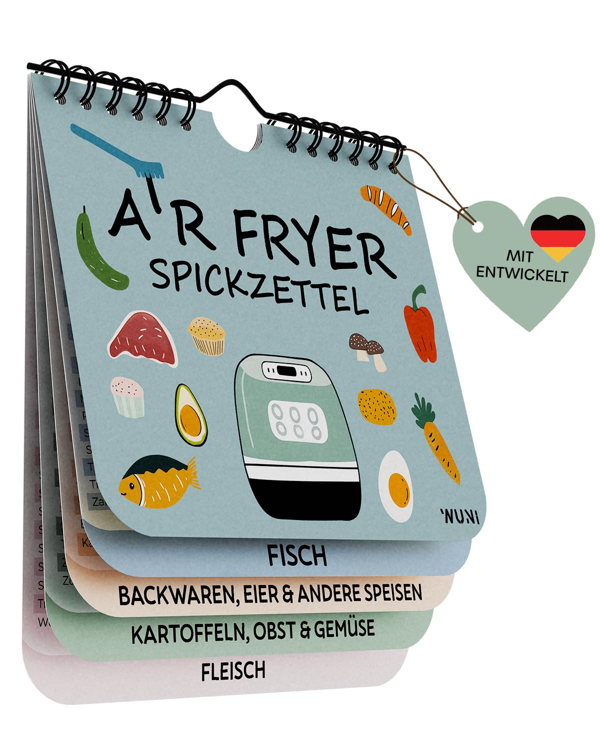 WUNI Airfryer Zubehör - kompakter Spickzettel für Temperatur, Dauer & Menge - deutsche Air Fryer Garanleitung - Ninja Heißluftfritteuse Zubehör