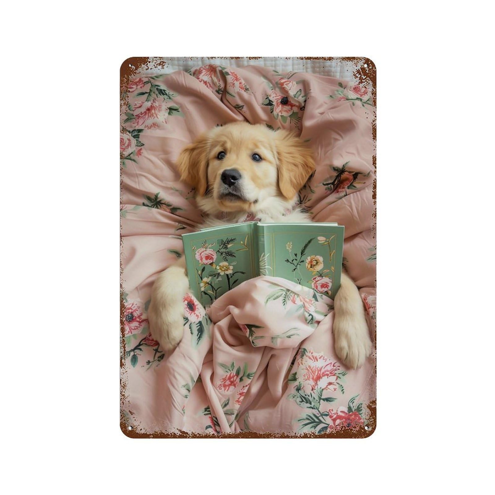 FHUYEURHRY Cute Golden Retriever Puppy Reading 03 Wall Decor Retro Iron Vintage Art Metal Tin Sign Poster Modern Home Cofffee Club Art Bar Shop Decorations Style-28 30x20cm
