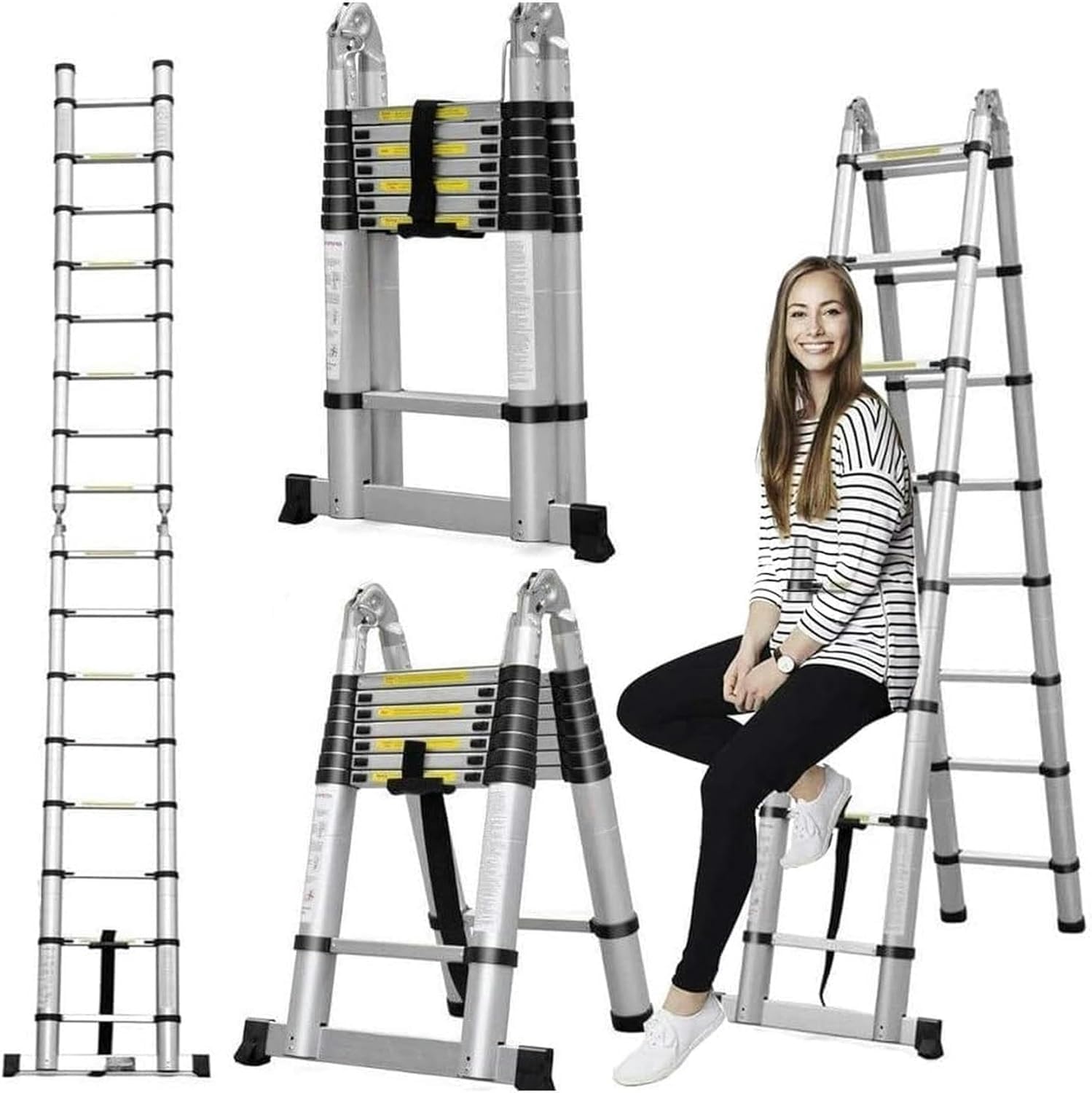 Heavy Duty Telescoping Ladder, Aluminum Ladder, Multi-Function A Type Portable Telescopic Extension Balance Rod Non-Slip Cap for Indoor Outdoor Industrial Household Use Multi-Purpose (1.9m x1.9m)