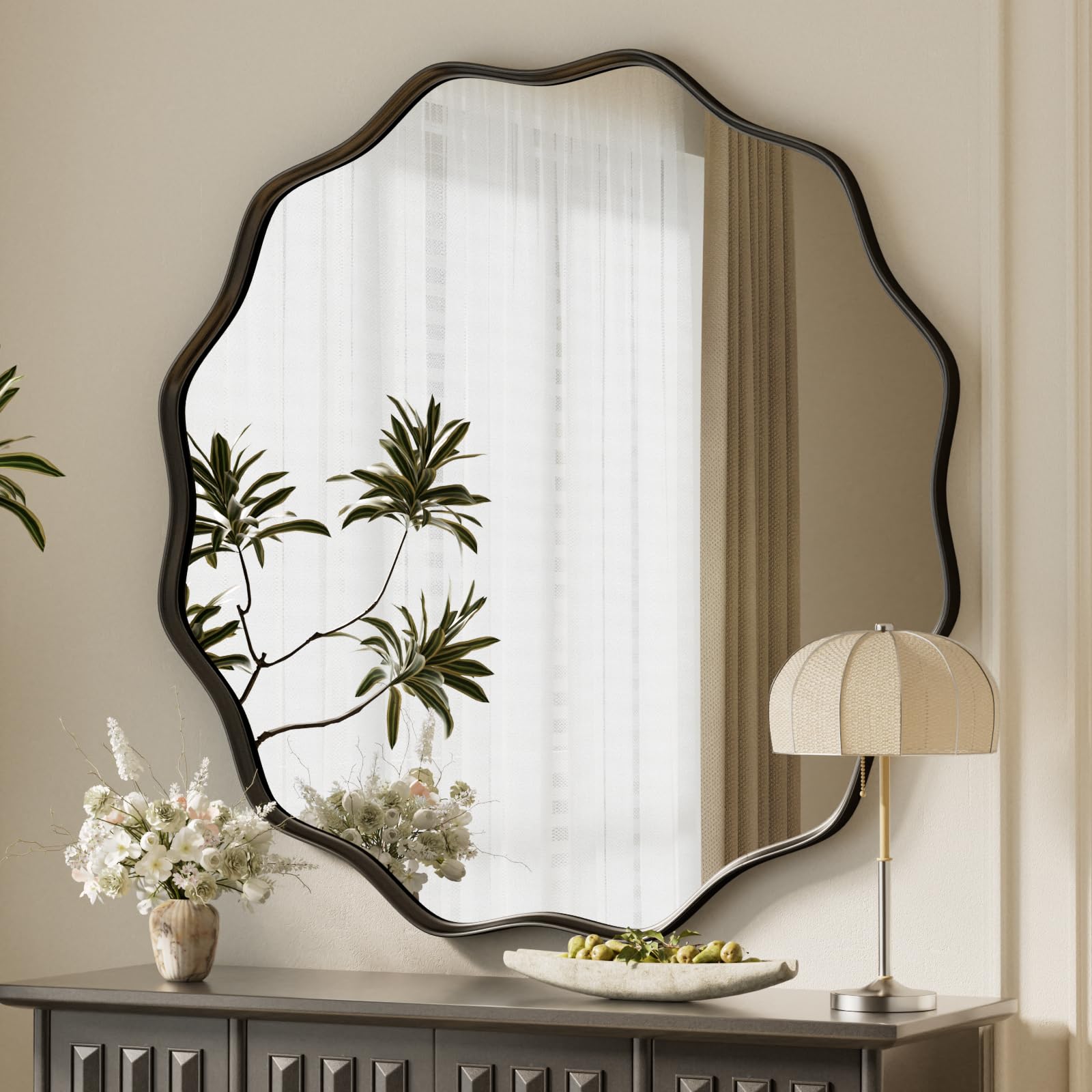 Koonmi Black Wavy Edge Large Round Mirror, 90Cm Wall Mirror With Textured Round Metal Frame, Be Hung Or Placed Against The Wall, Suitable For Bathroom, Corridor, Entrance, Living Room,