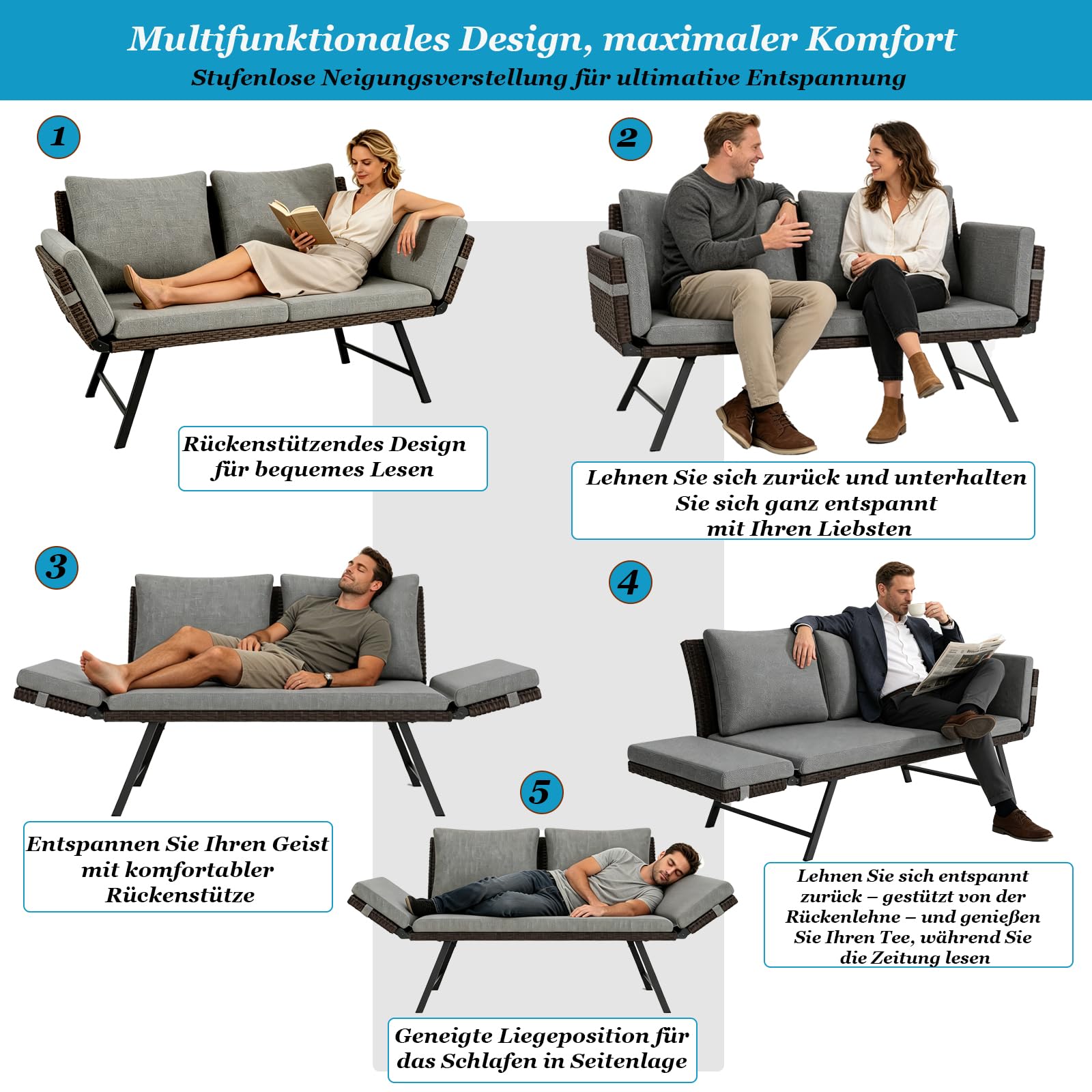 Gartensofa 2 Sitzer mit Liegefunktion, Verstellbare Couch klappbarer Armlehnen, Outdoor schlafsofa mit Kissen, Polyrattan Gartenbank Lounge Sofa für balkonmöbel,Terrasse, Gartenmöbel (Dunkel)