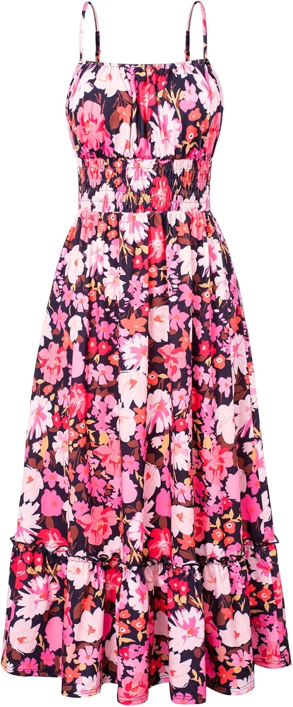 GRACE KARIN Summer Dresses for Women 2026 Vacation,Smocked Floral Maxi Dresses,Boho Beach Long Sundress Purple Black Floral M