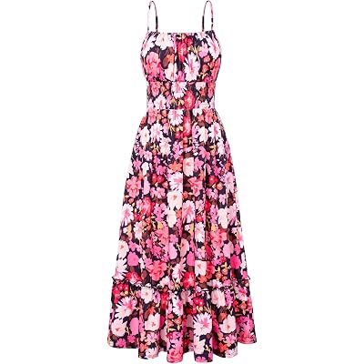 GRACE KARIN Summer Dresses for Women 2026 Vacation,Smocked Floral Maxi Dress,Boho Beach Sundress with Pocket Fashion Clothing