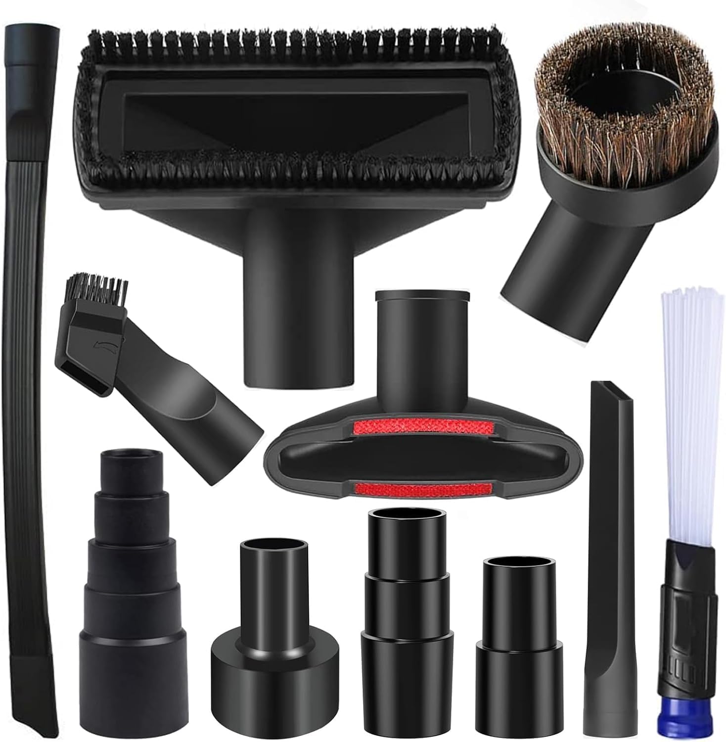 11PCS Universal Vacuum Attachment Kit Wet Dry Plastic Vacuum Hose Adapter 1-1/4" Vacuum Cleaners Accessories with Horse Hair Brush Extension Wand Flexible Crevice Tool Adapter for Shop Vac Accessories