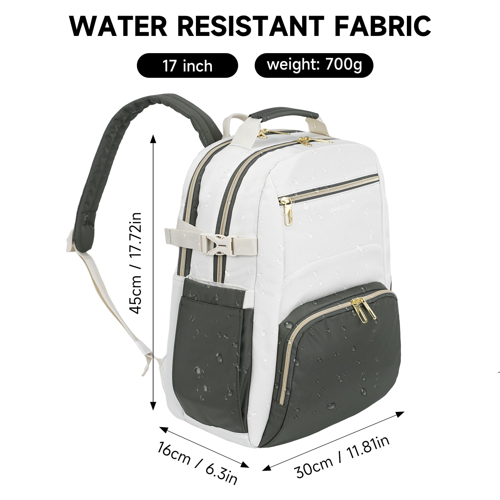 VANKEAN Zaino per computer portatile da donna con tasca gigante per bicchiere, 43,9 cm, per scuola, università, insegnante, zaino impermeabile, da lavoro, viaggio, borsa per computer portatile, beige