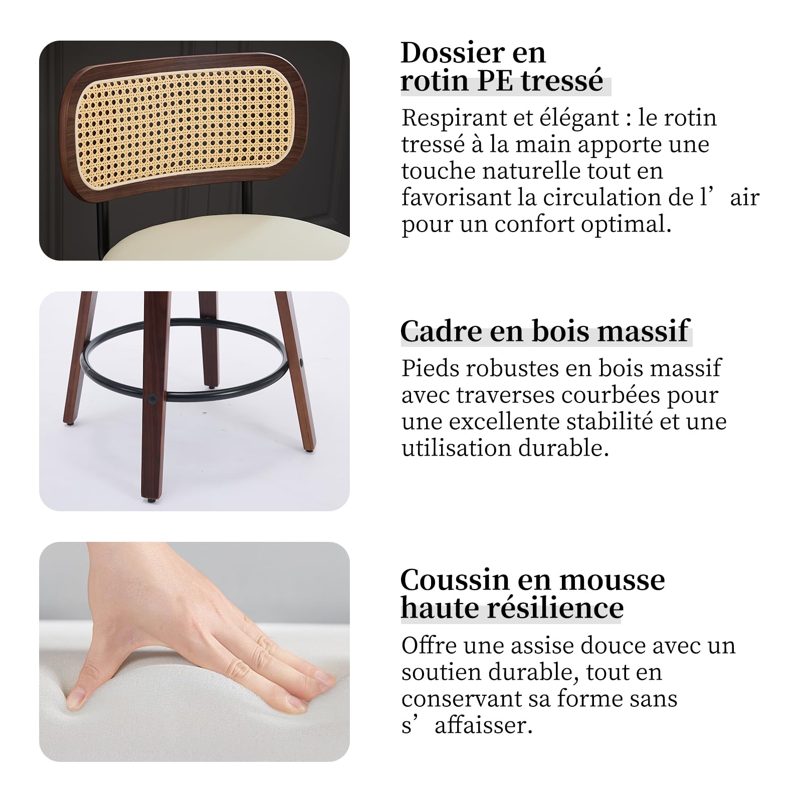 Lot de 3 Tabourets de Bar Pivotants, Assise 65 cm, Dossier en Rotin, Beige
