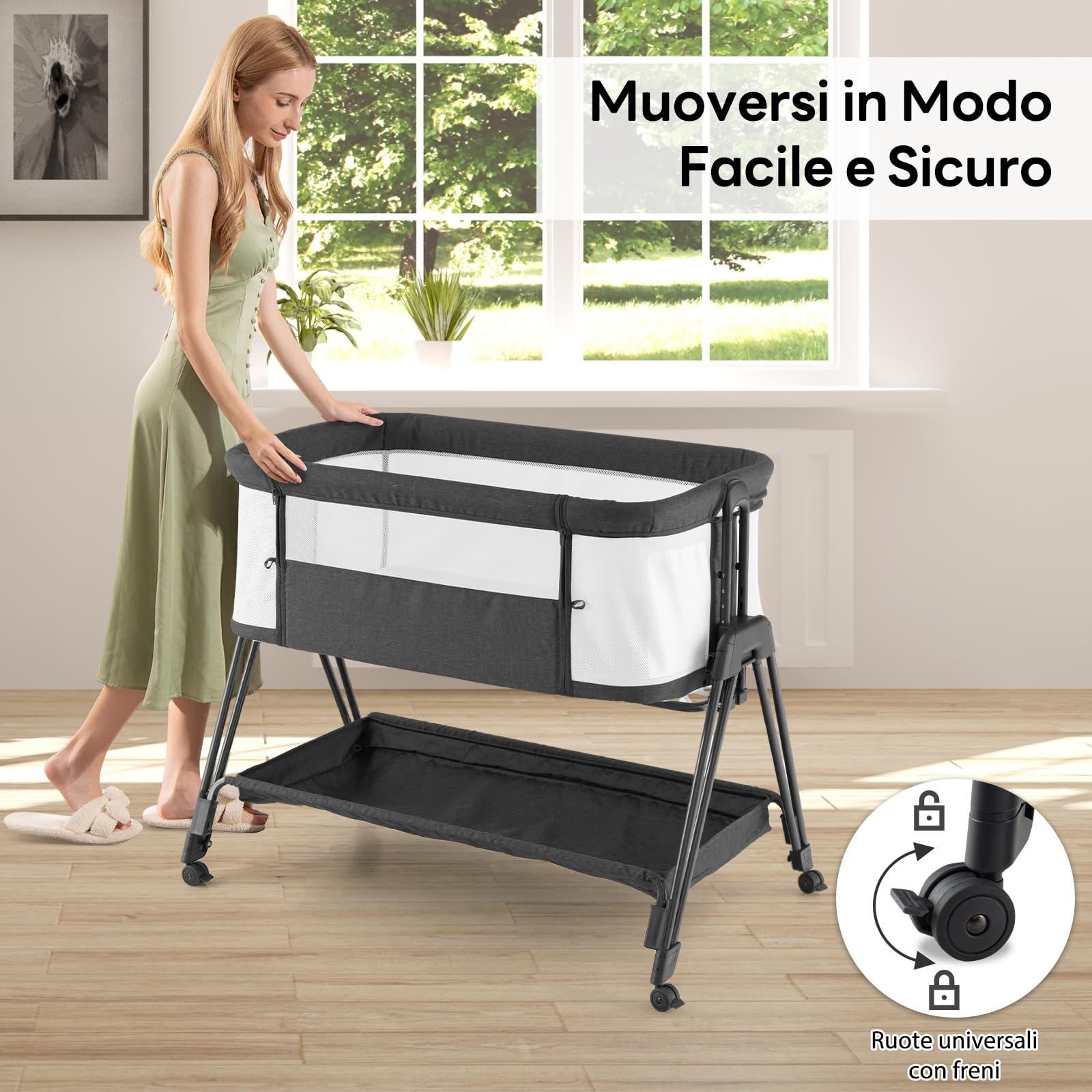 RELAX4LIFE Culla Neonato Fianco Letto, Culla da Campeggio con Materasso e Cinghia Fissaggio, Regolabile In Altezza 7 Posizioni, Borsa di Trasporto, per Bambini 0-6 Mesi (1, Nero)