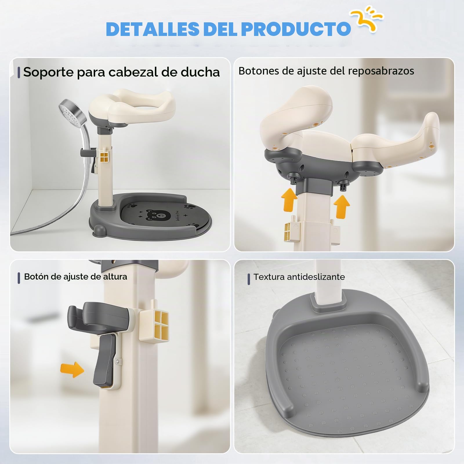 Soporte Ducha Bebé Regulable, Altura 40-57 cm Antideslizante | ABS sin BPA, 8 niveles de altura, reposabrazos regulables, soporte ducha, para bebés de 6-36 meses