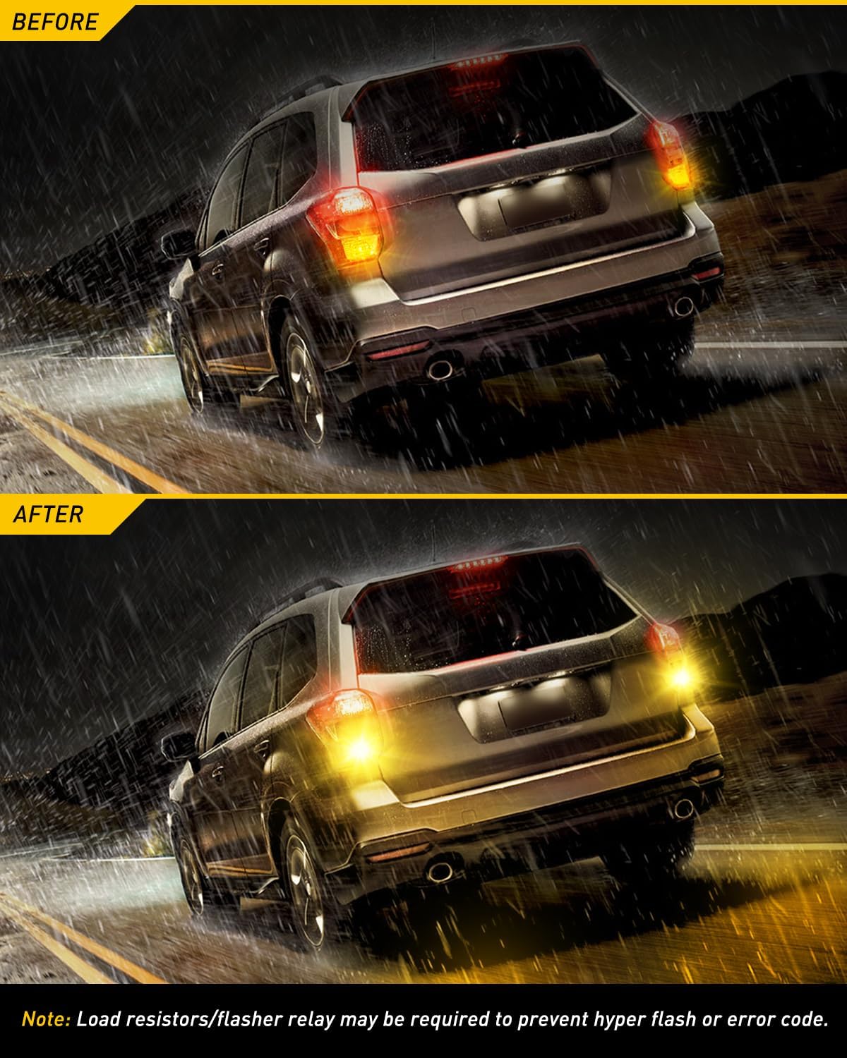 Before and after comparison images of a car's rear turn signals, showing the significant brightness improvement with AUXITO LED bulbs in rainy conditions.