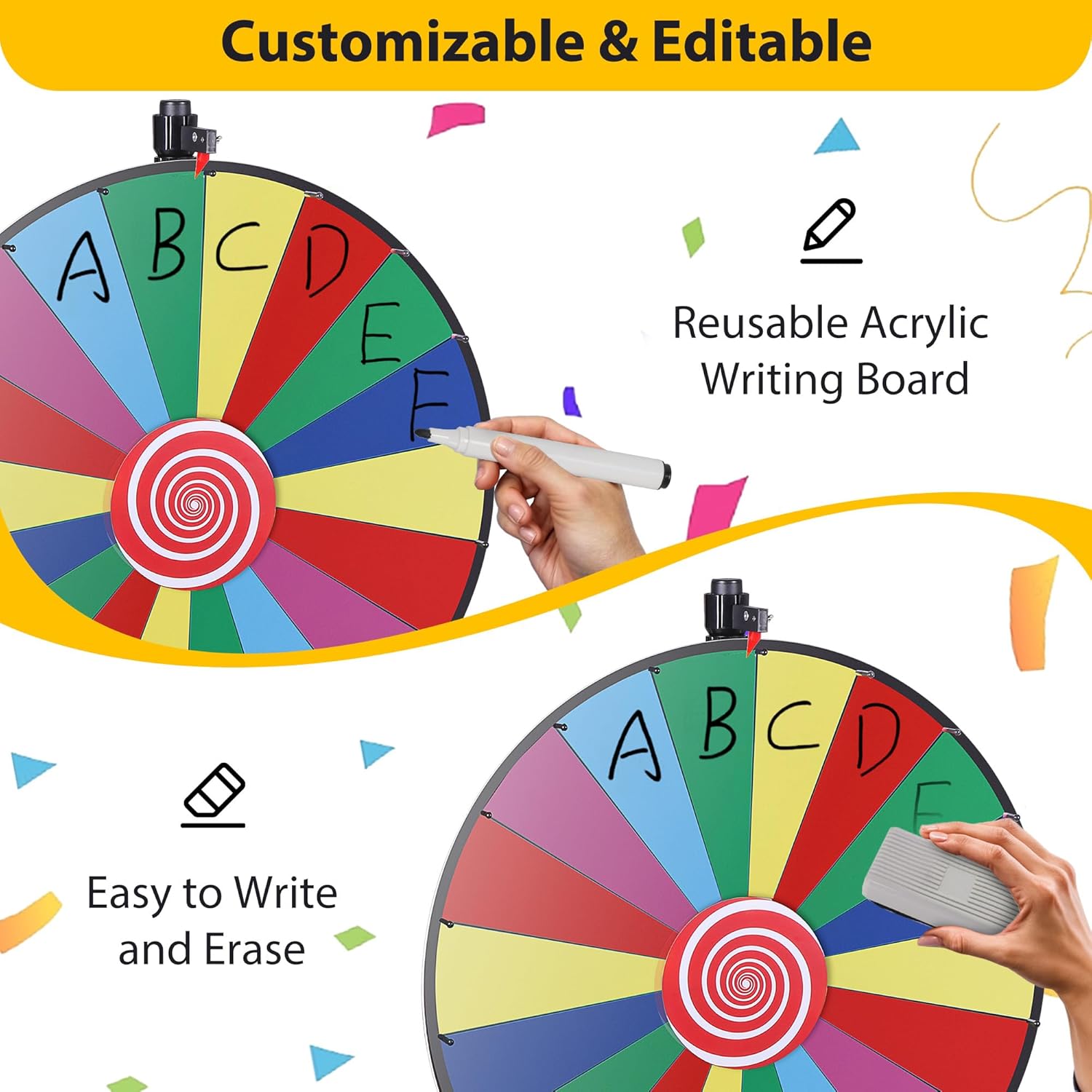 Smartxchoices 36" Spinning Prize Wheel, Casino Prize Wheels Height Adjustable Dual Use Tabletop or Floor Stand, 18 Slots Wheel Spinner Game with Dry Eraser & Marker, Trade Show Carnival Fortune