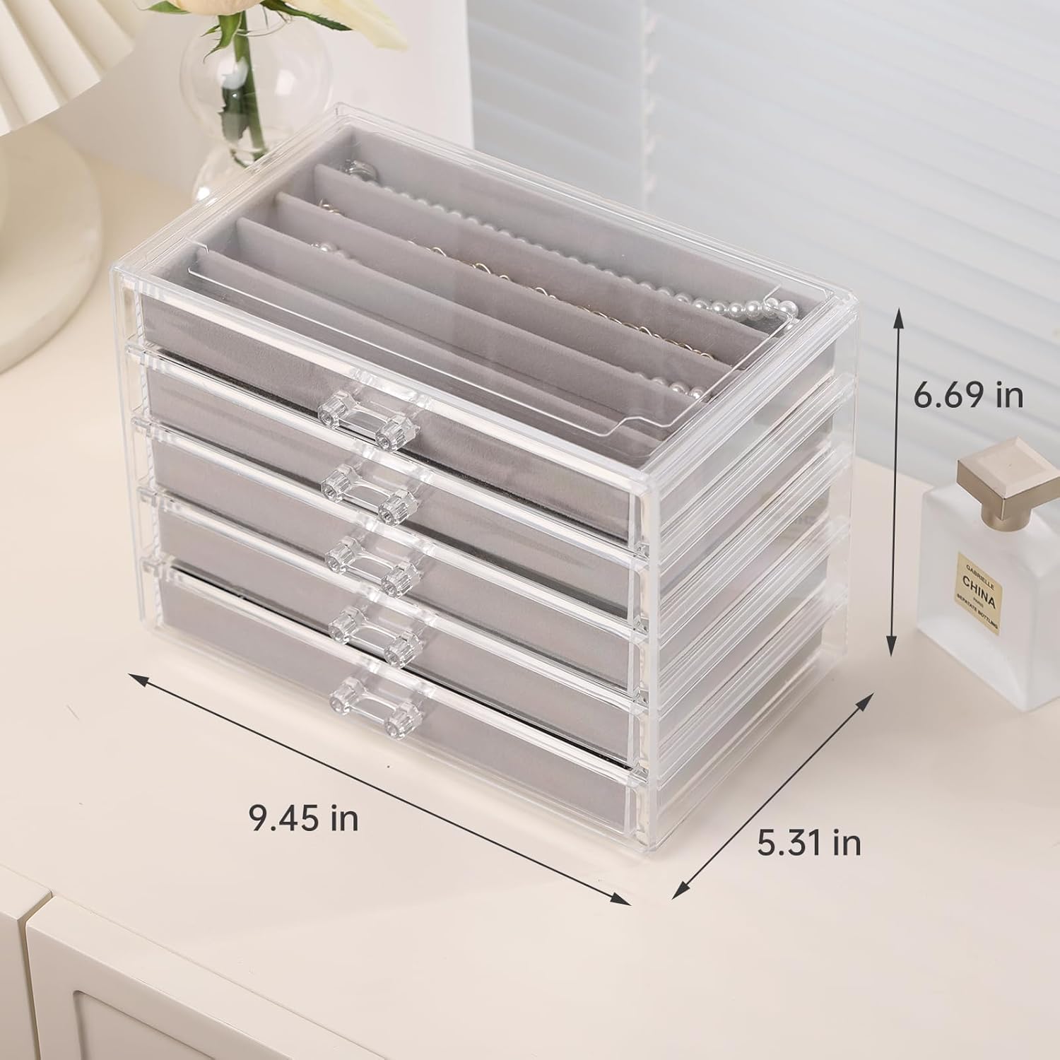 Necklace Holder Organizer, Acrylic Jewelry Box for Necklaces with 5 Drawers, Clear Chain Display Case with Adjustable Velvet Trays for Women Girls, Grey