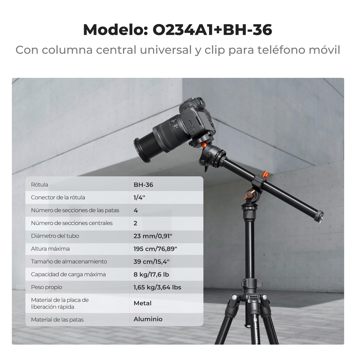 K&F CONCEPT O234A1+BH-36 Tripode Camara con Brazo Extensible 195CM, Trípode Viaje Cámara con Soporte de Teléfono, Trípode Ligero en Aluminio